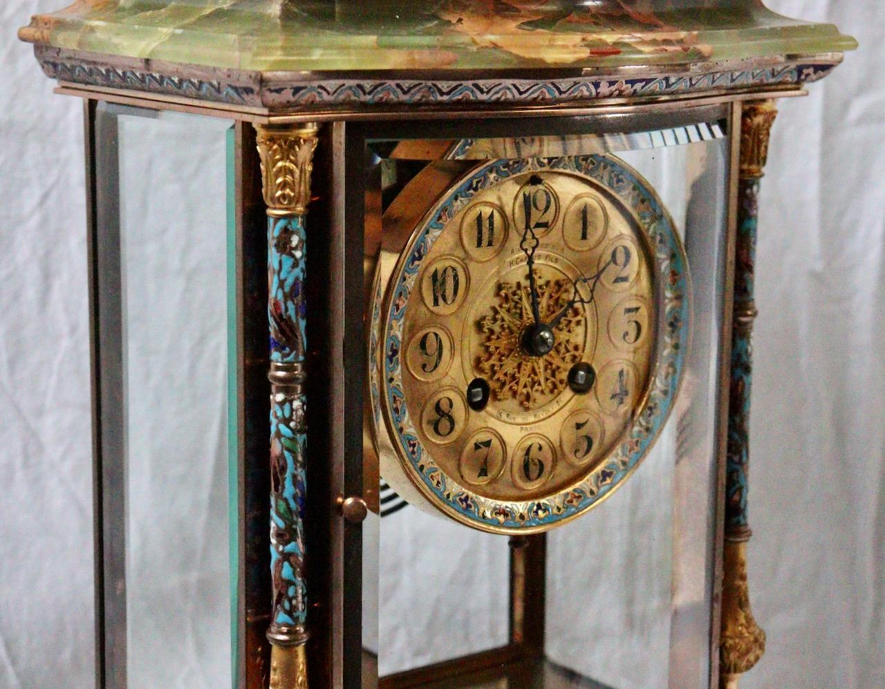 19th Century French Onyx and Champlevé Enamel Three-Pieces Clock Garniture 4