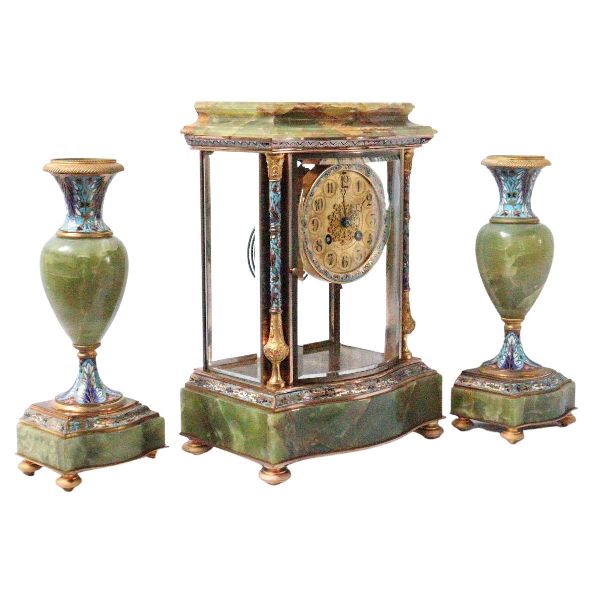 19th Century French Onyx and Champlevé Enamel Three-Pieces Clock Garniture