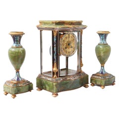 19th Century French Onyx and Champlevé Enamel Three-Pieces Clock Garniture