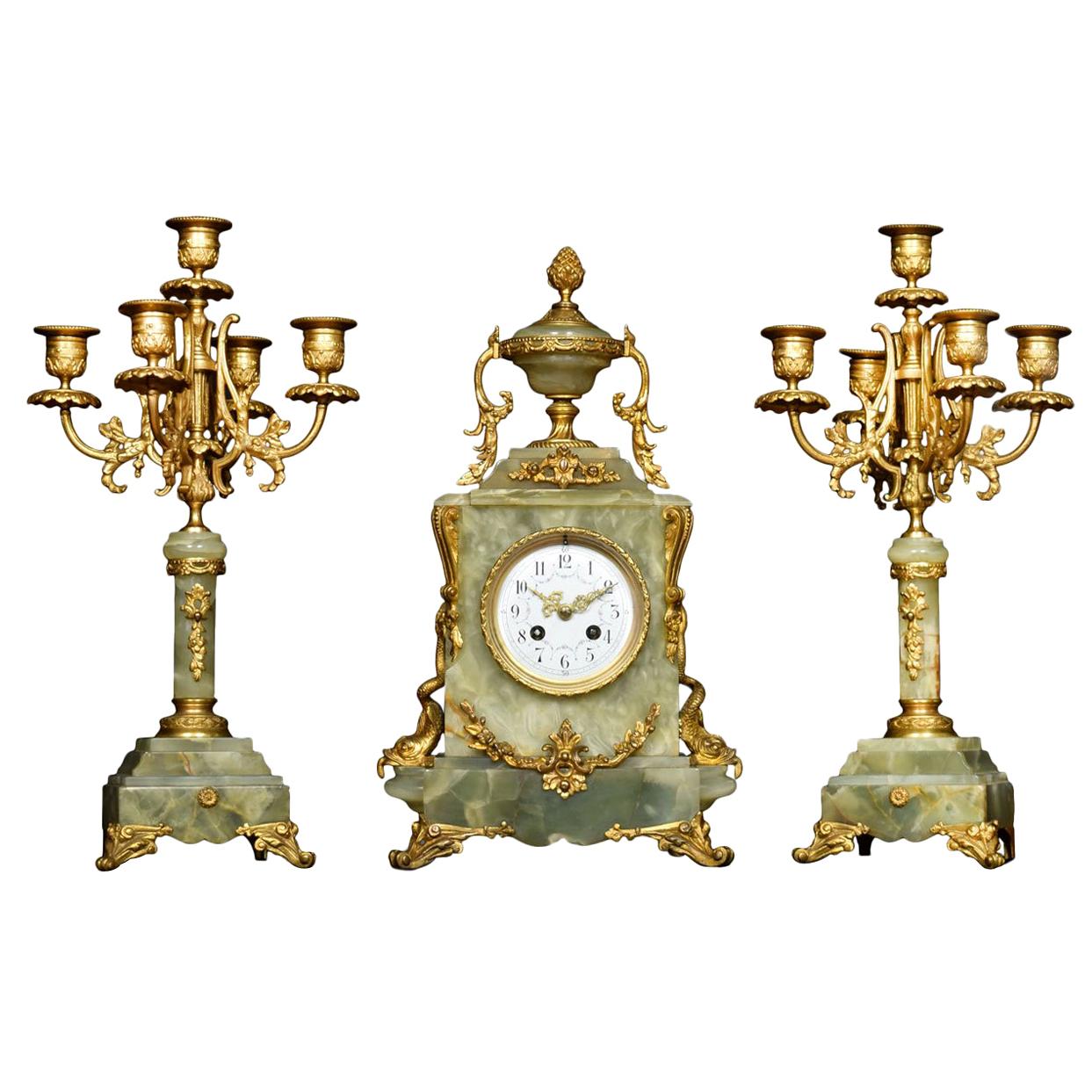 19th Century French Onyx and Gilt Metal Clock Set
