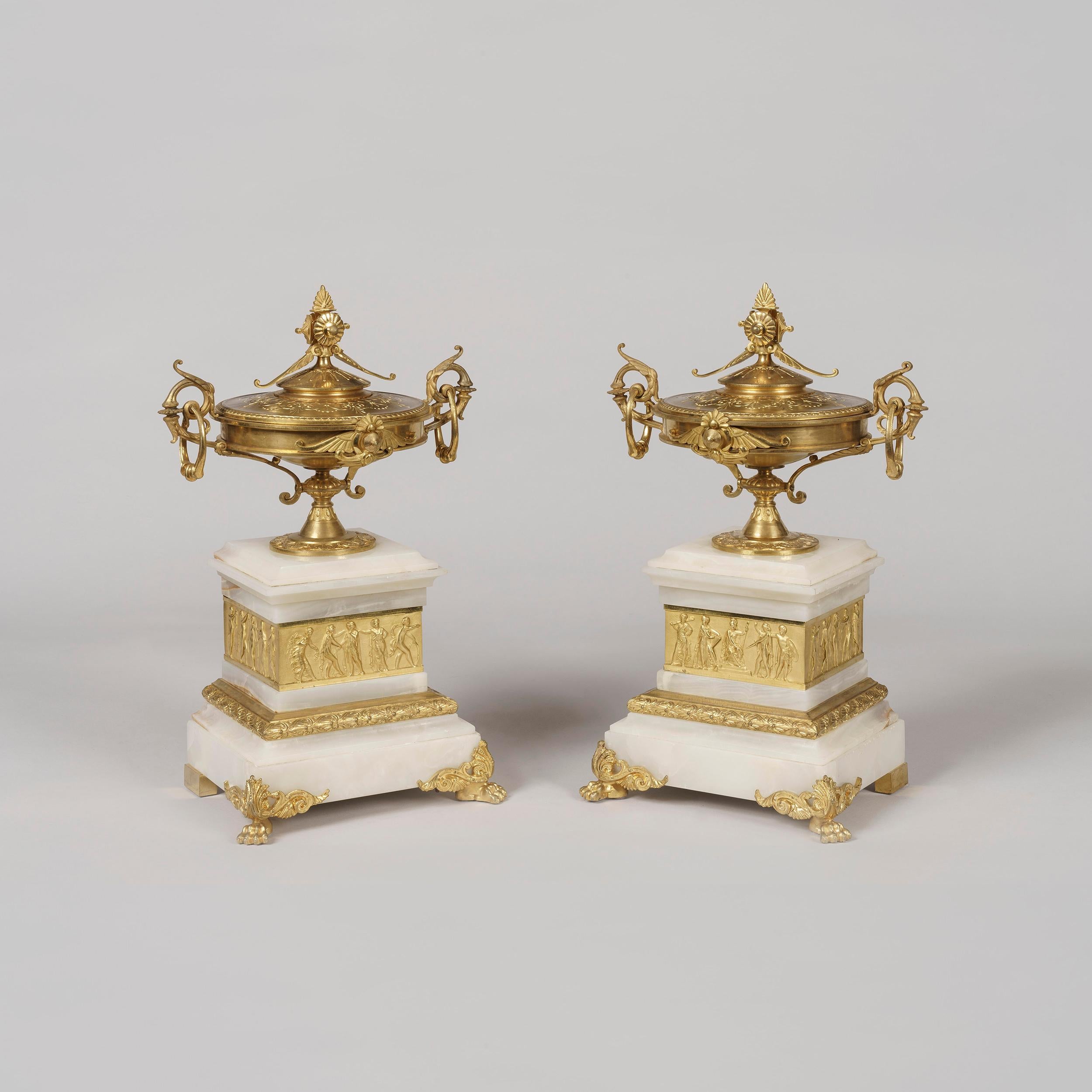 Egyptian Revival 19th Century French Onyx and Ormolu Clock Garniture in the Egyptian Manner For Sale