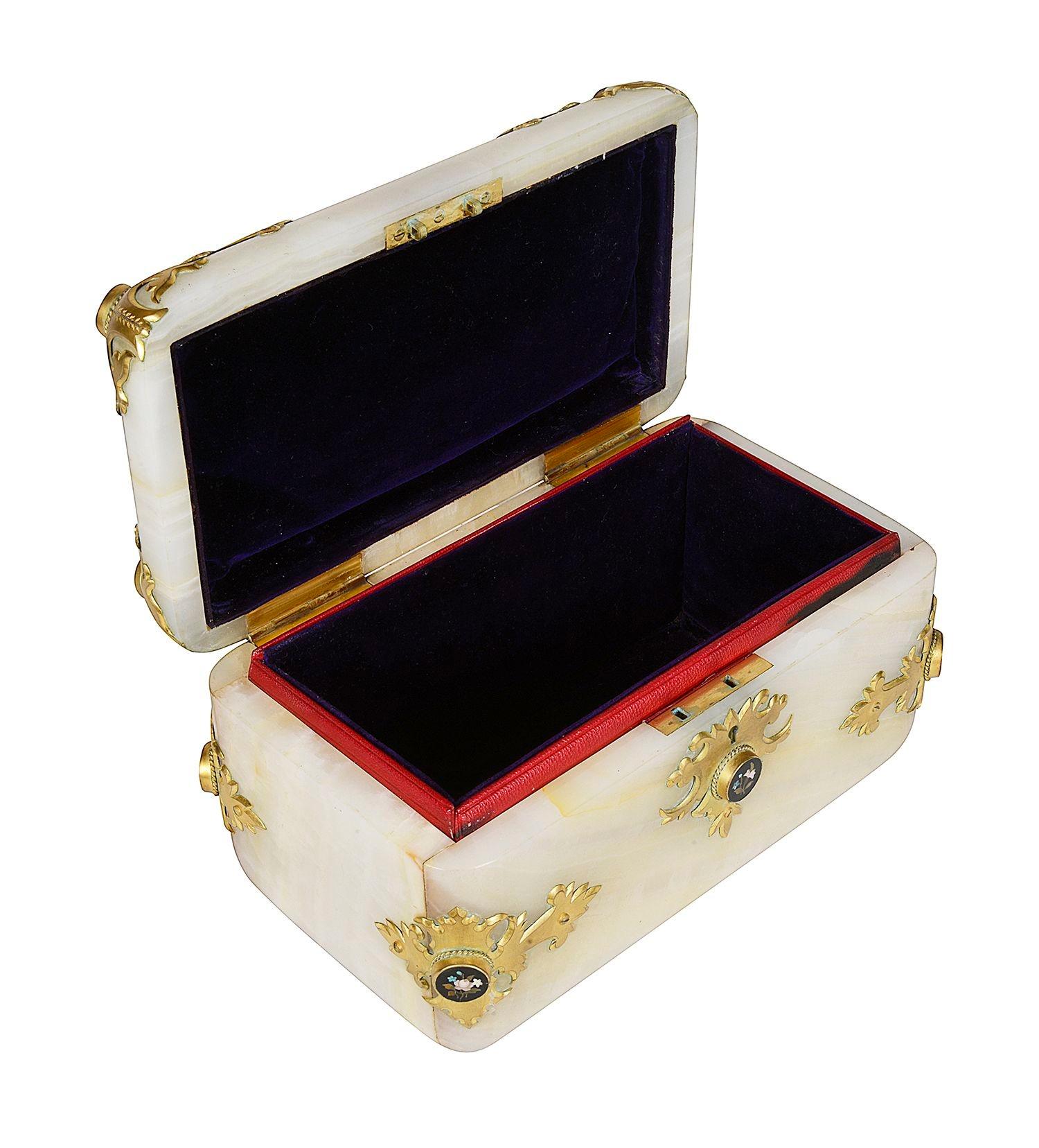 Onyx 19th Century French onyx + ormolu jewellery casket. For Sale