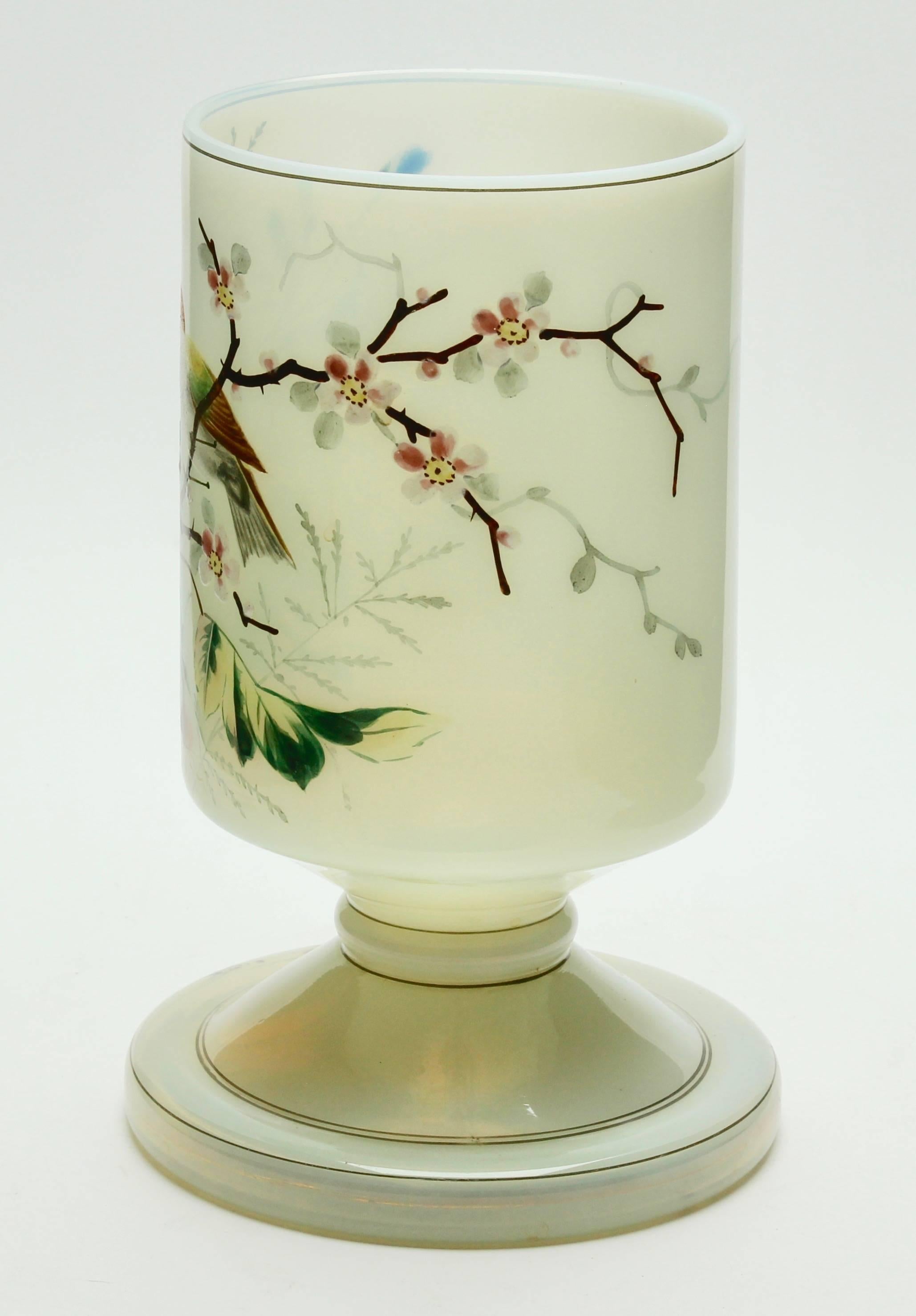 19th century French opaline
Opaline glass is also a decorative style of glass made in France from 1800s-1890s, 
Vase with painted bird and floral decorations.

The piece is in excellent condition and a real
