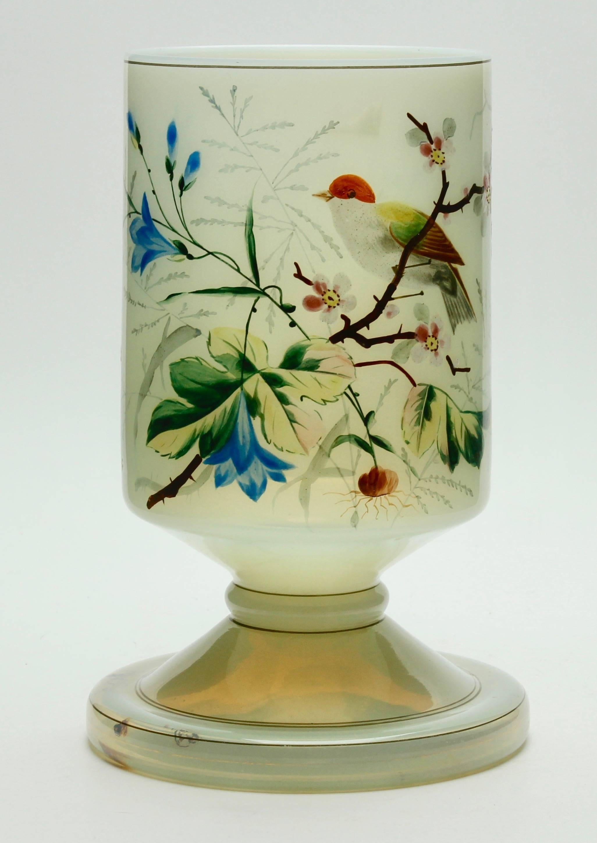 Art Nouveau 19th Century French Opaline Vase with Hand Painted Bird and Floral Decorations
