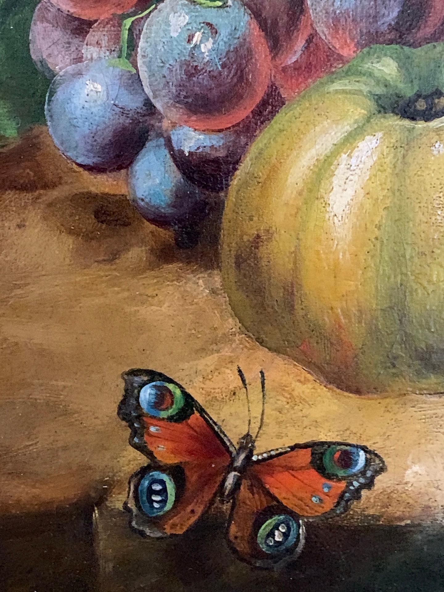 Bodegón francés o flamenco de frutas de muy alta calidad. 

Enmarcado en su marco esquinero contado original del siglo XIX hecho a mano, el cuadro es un maravilloso ejemplo de pintura de frutas de finales del siglo XIX. 

Este tipo de cuadro se