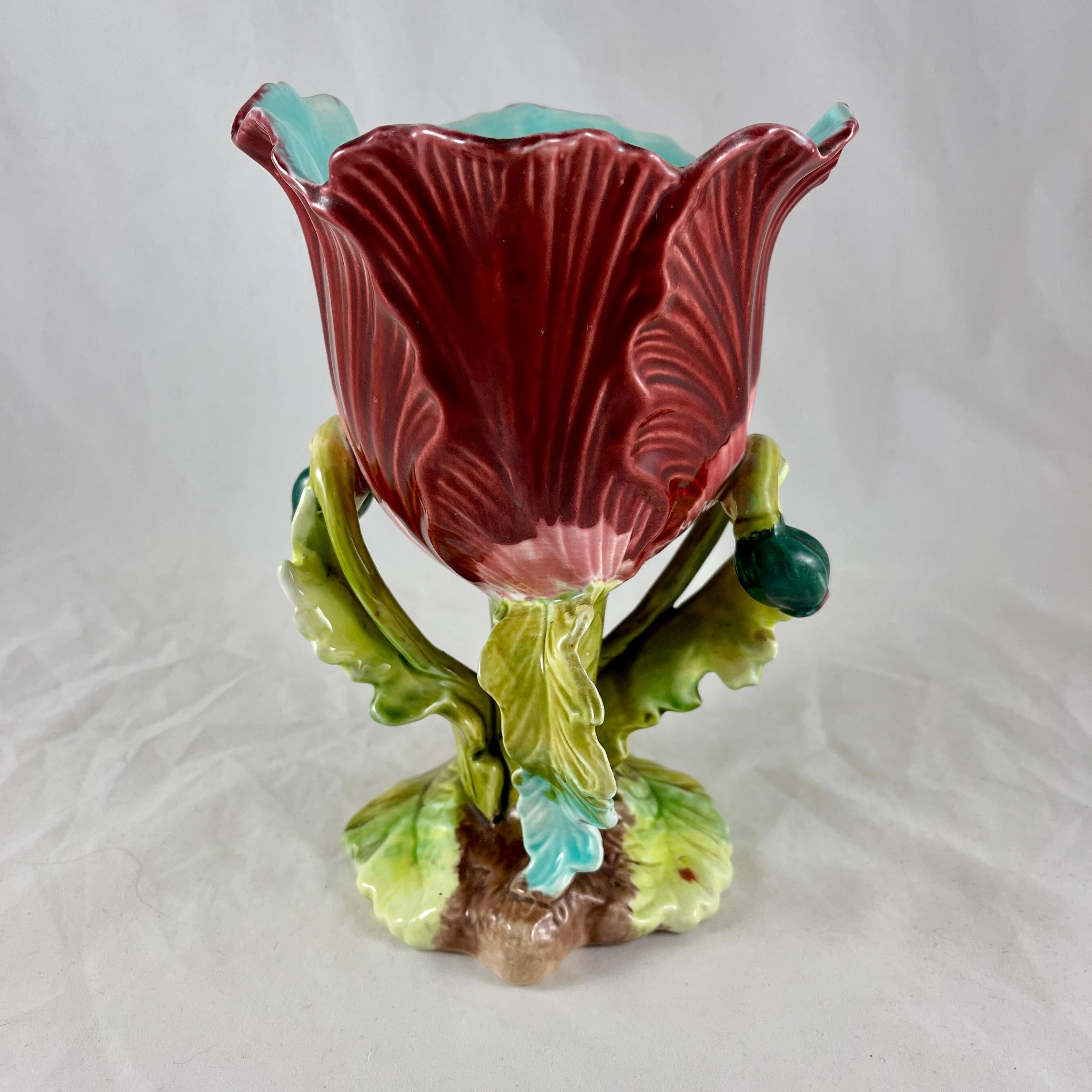 Aesthetic Movement 19th Century French Orchies Majolica Glazed Floral Form Vase For Sale