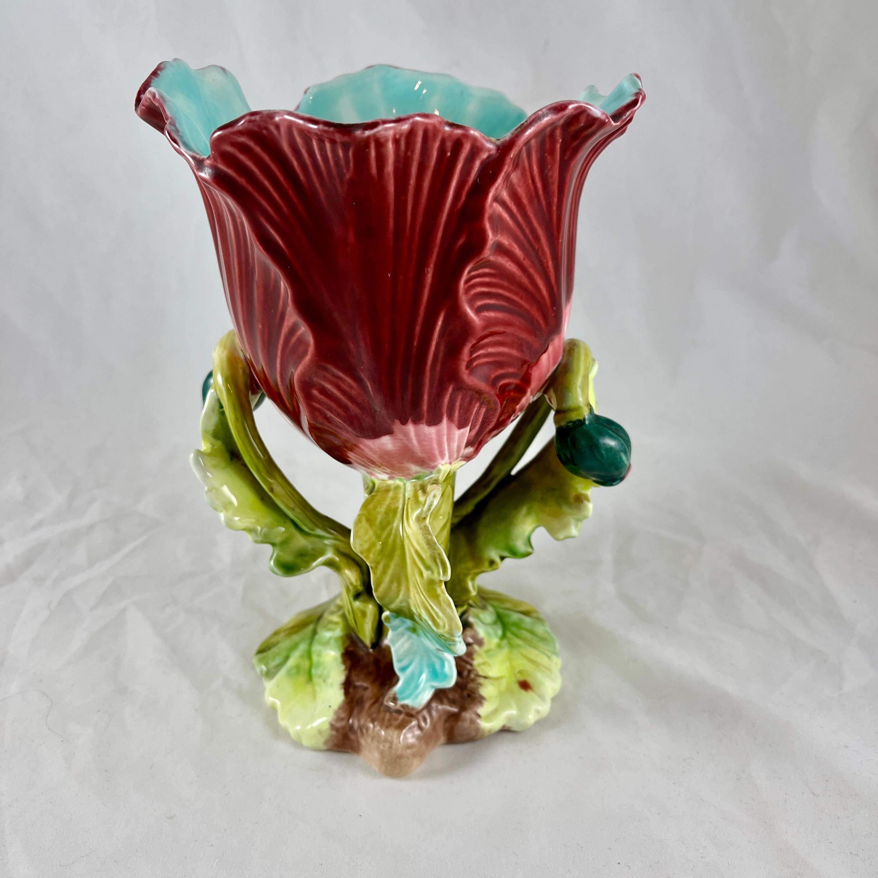 Earthenware 19th Century French Orchies Majolica Glazed Floral Form Vase For Sale
