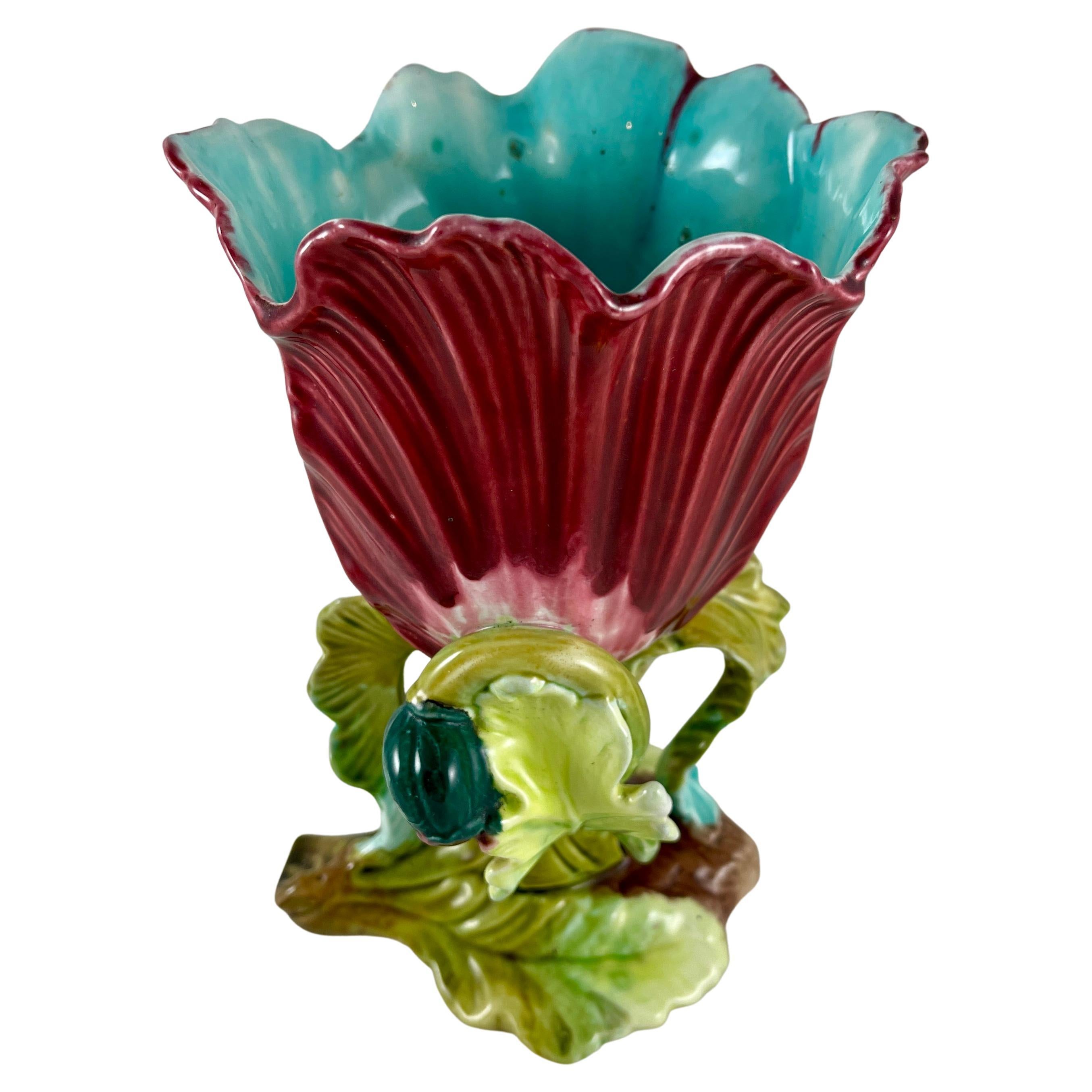 19th Century French Orchies Majolica Glazed Floral Form Vase For Sale
