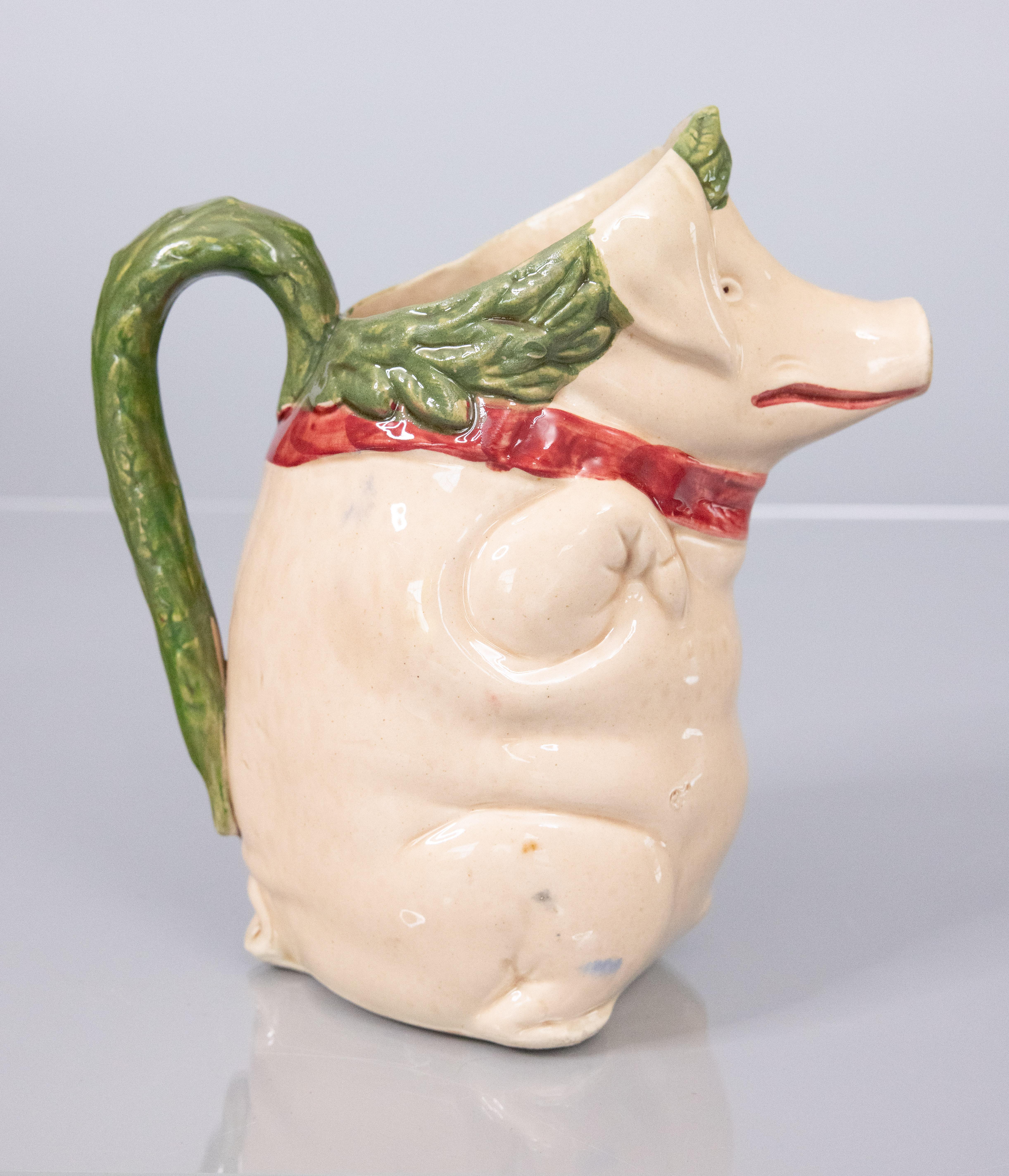 Hand-Painted 19th Century French Orchies Majolica Pig Pitcher For Sale