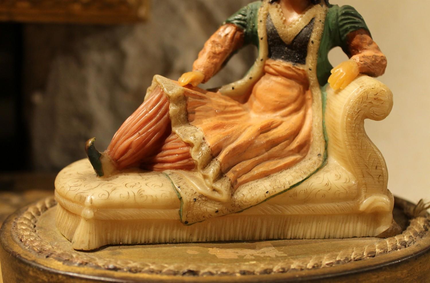Hand-Carved 19th Century French Orientalist Polychrome Wax Sculptures on Giltwood Base For Sale