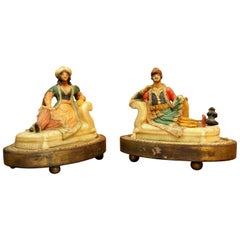 Sculptures orientalistes françaises en cire polychrome du 19ème siècle sur socle en bois doré