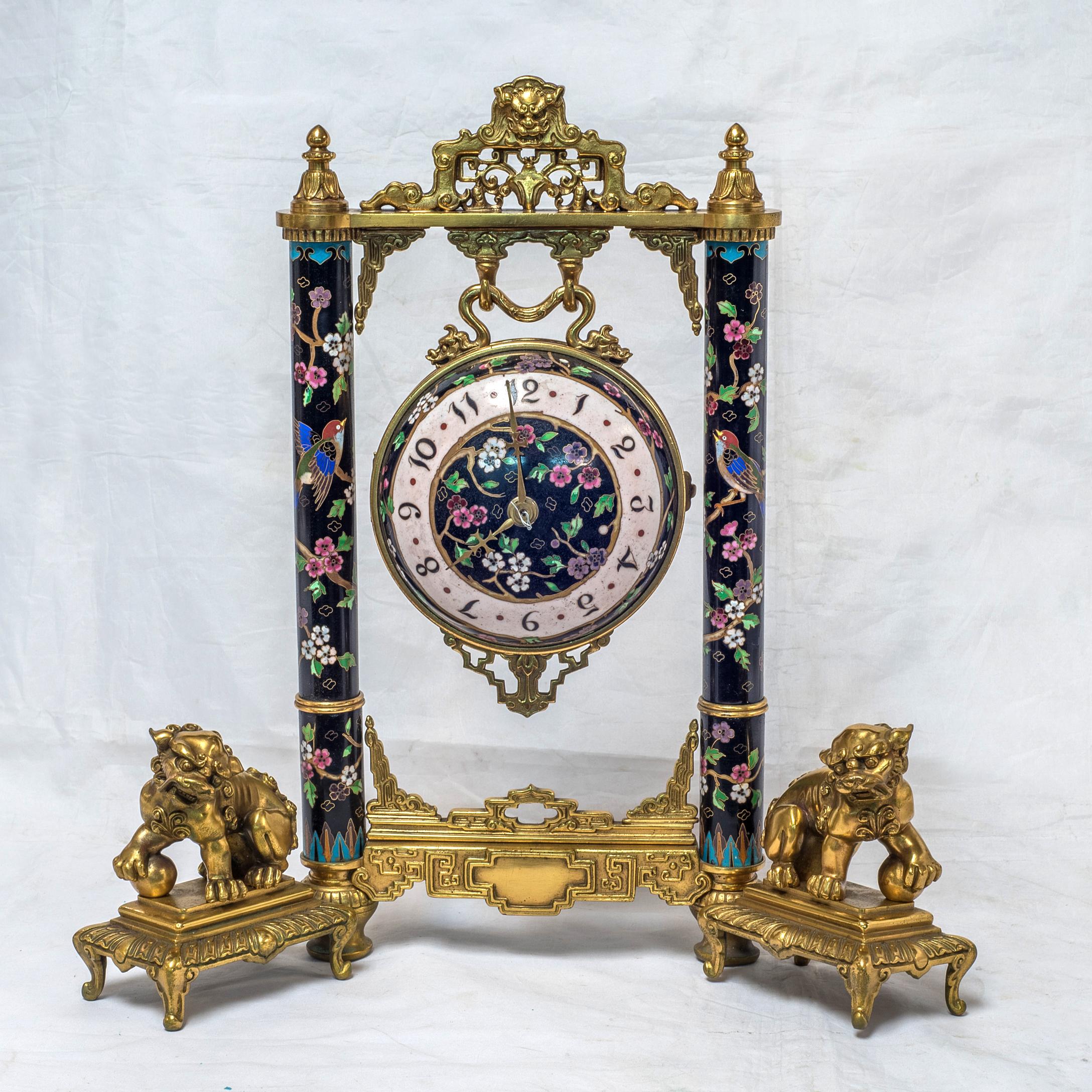 Cloissoné 19th Century French Ormolu and Cloisonné Enamel Japonisme Clock Set For Sale