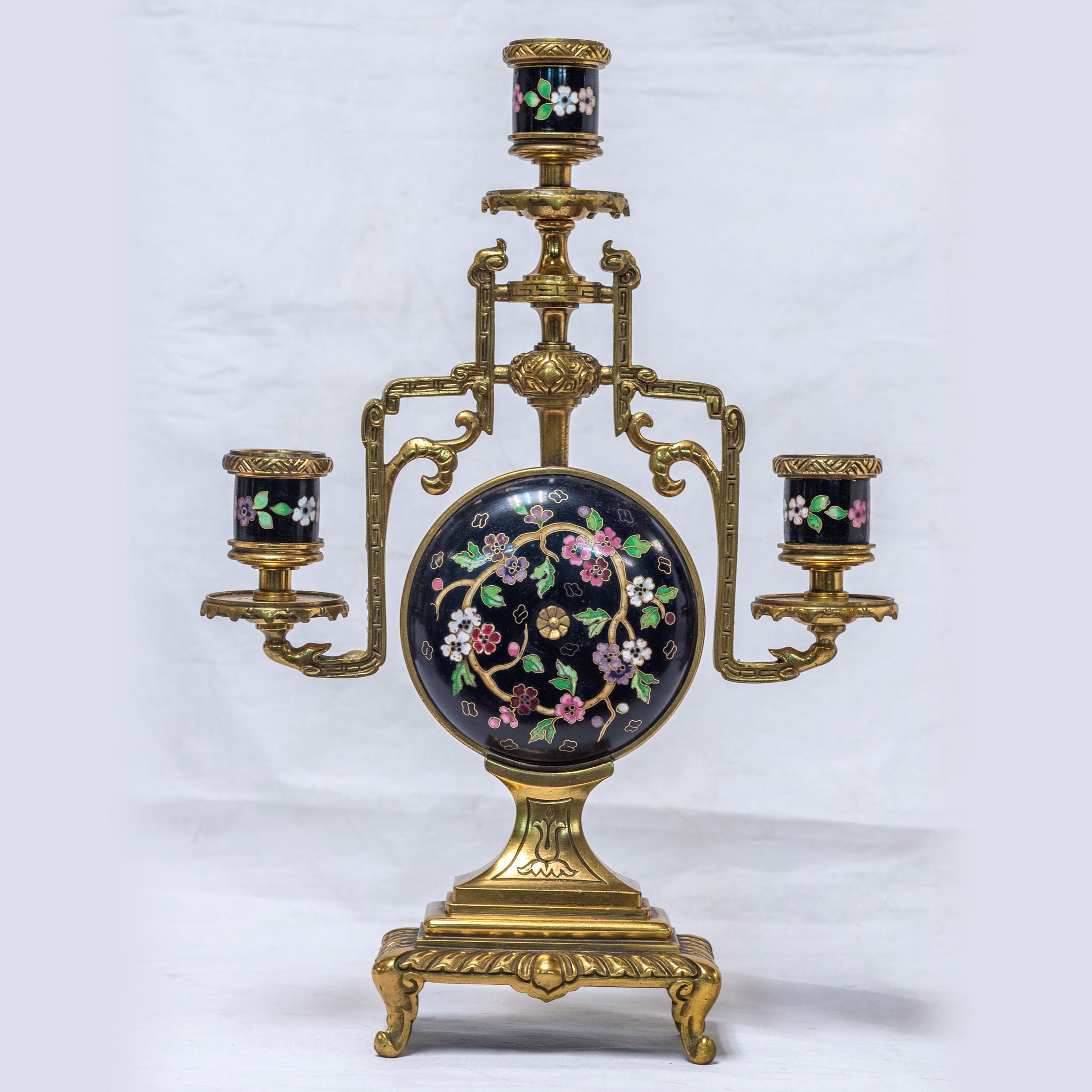 19th Century French Ormolu and Cloisonné Enamel Japonisme Clock Set For Sale 4