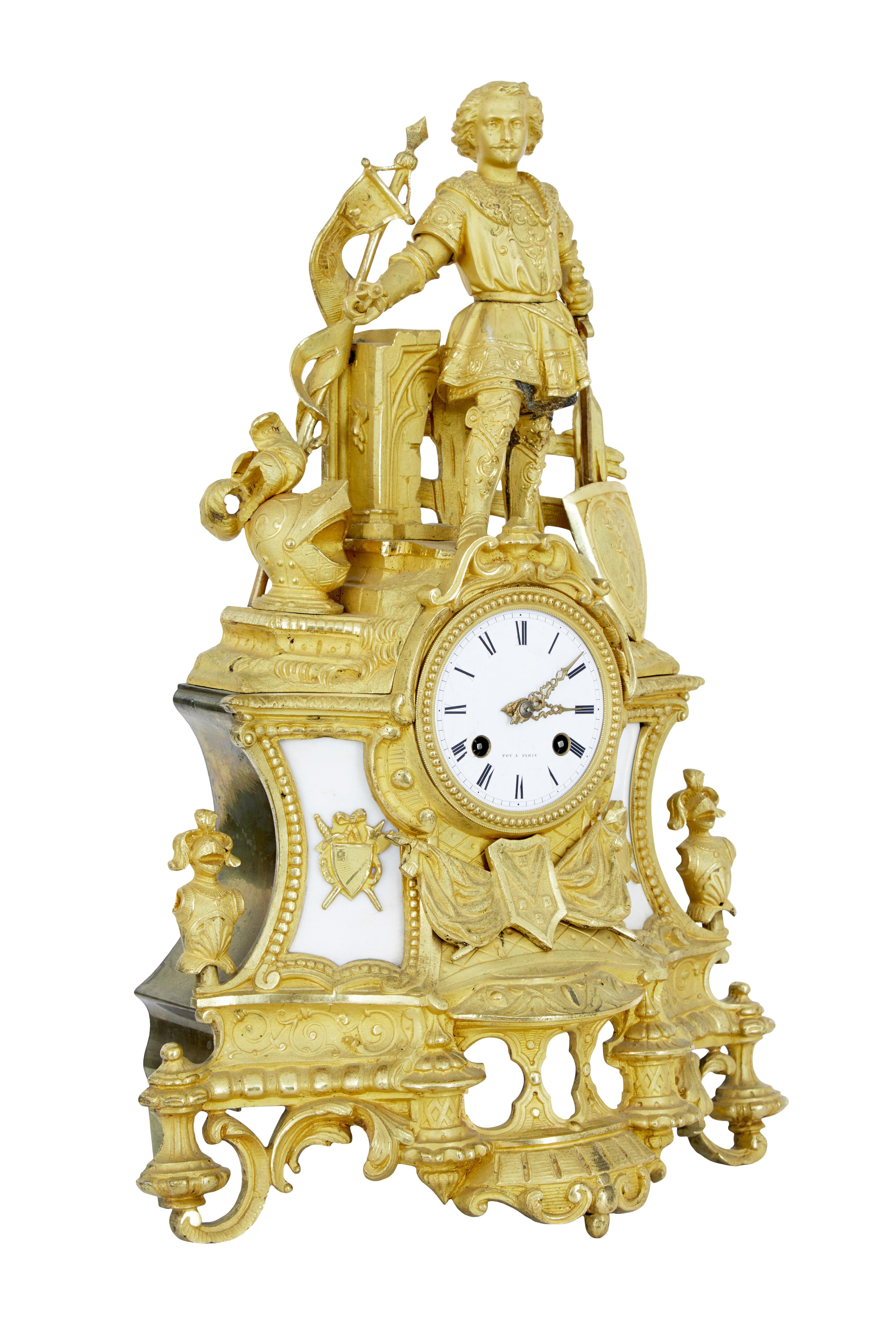 19th century ormolu and marble figural mantel clock, circa 1870.

Parisian made mantel clock with 'foy a paris' marked on the white enamel clock face. Military themed clock with figure holding a sword and mace and various armorial plaques and