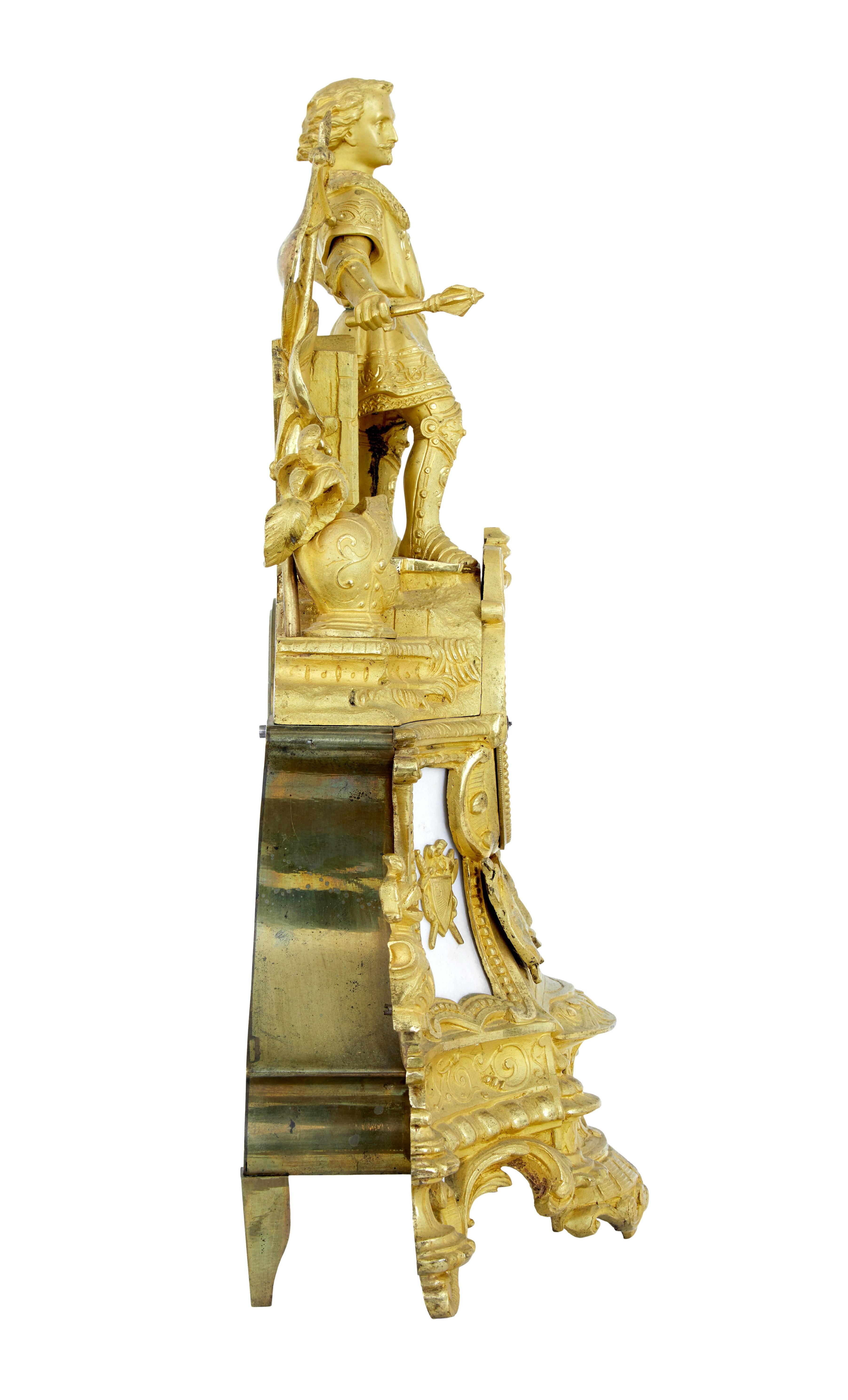 Rococo Revival 19th century French ormolu and marble figural mantel clock For Sale