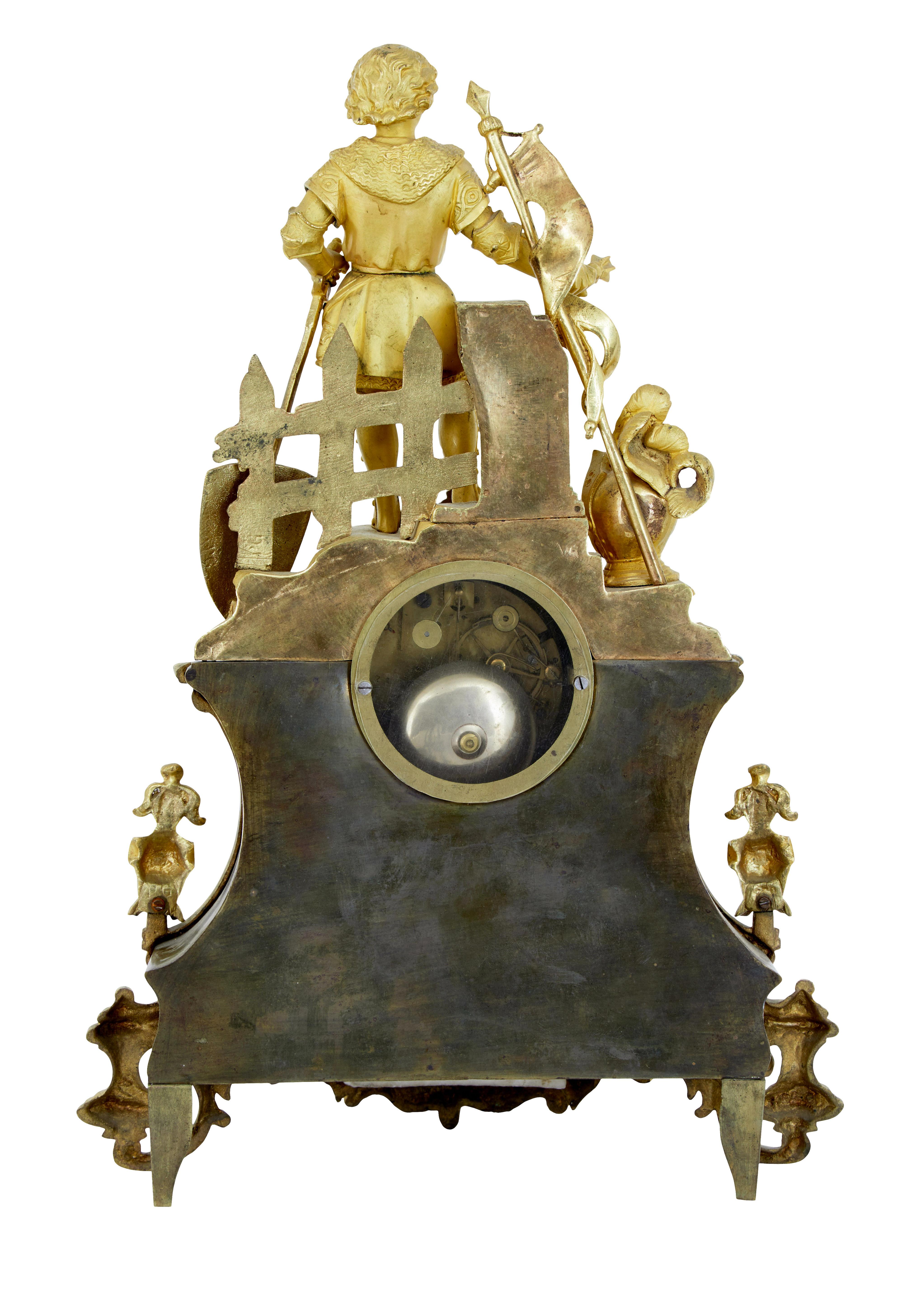 Cast 19th century French ormolu and marble figural mantel clock For Sale