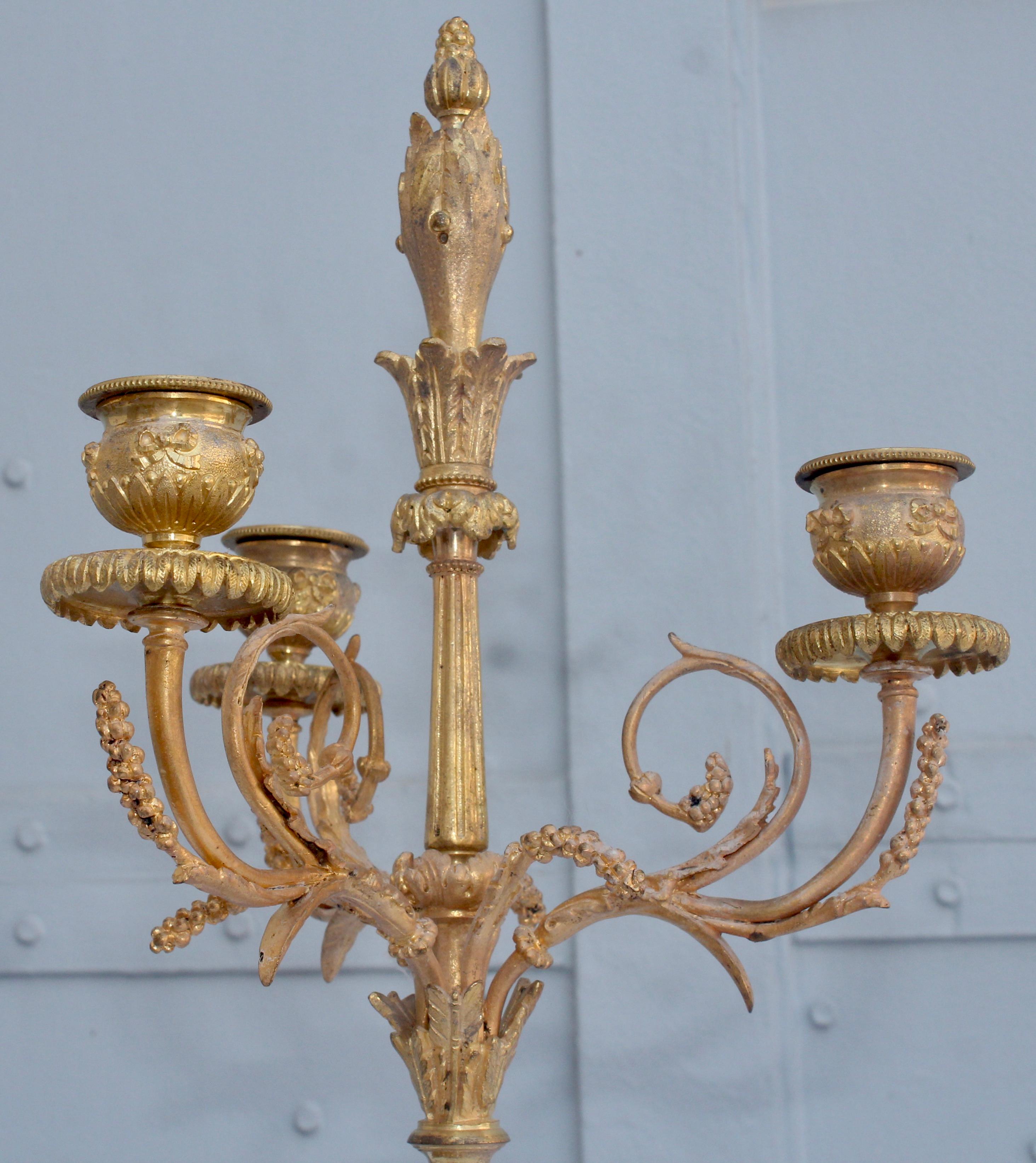 19th Century French Ormolu and Marble Three-Piece Lyre Shaped Clock Garniture 7