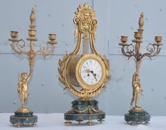 19th Century French Ormolu and Marble Three-Piece Lyre Shaped Clock Garniture
