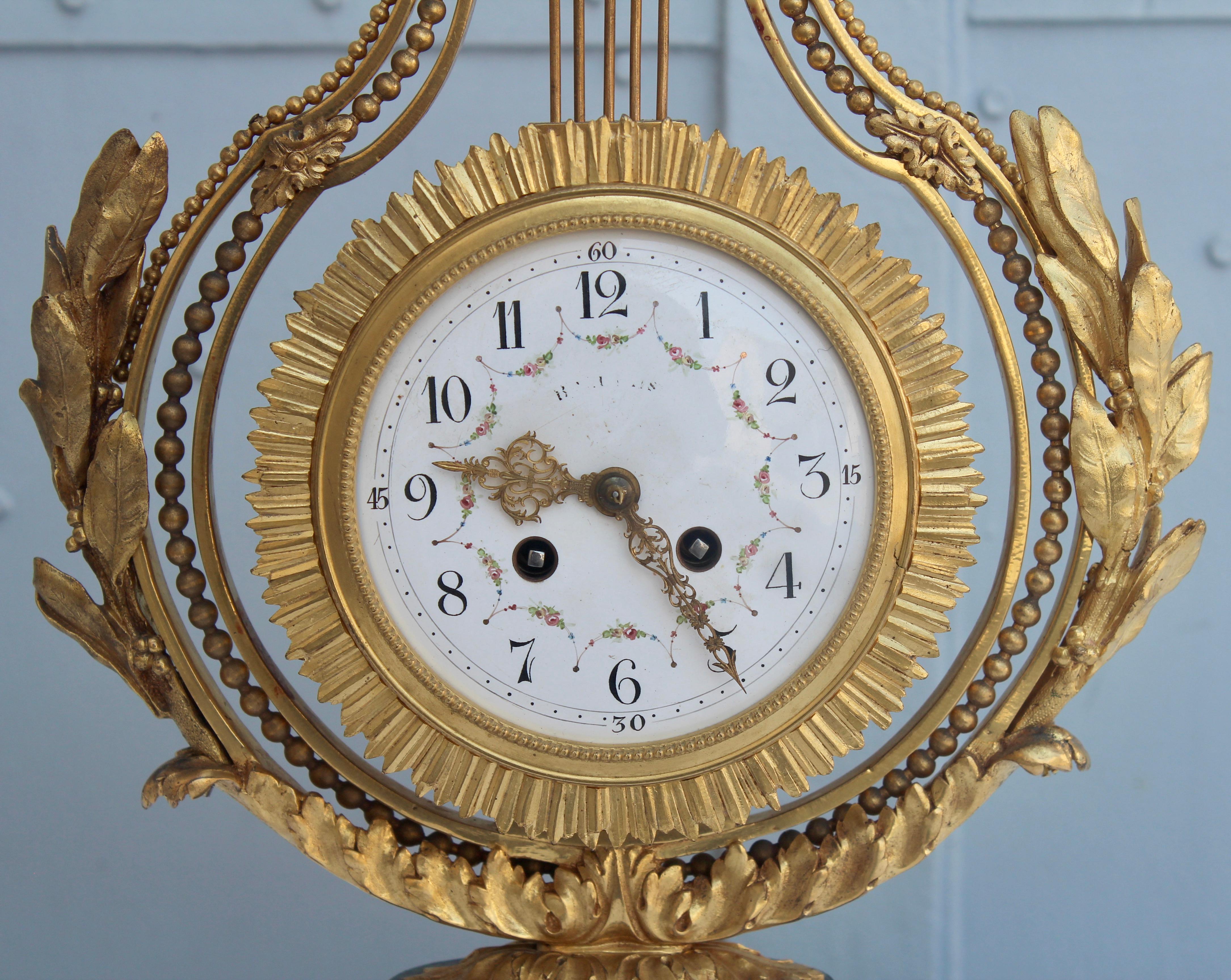 Gilt 19th Century French Ormolu and Marble Three-Piece Lyre Shaped Clock Garniture