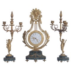19th Century French Ormolu and Marble Three-Piece Lyre Shaped Clock Garniture