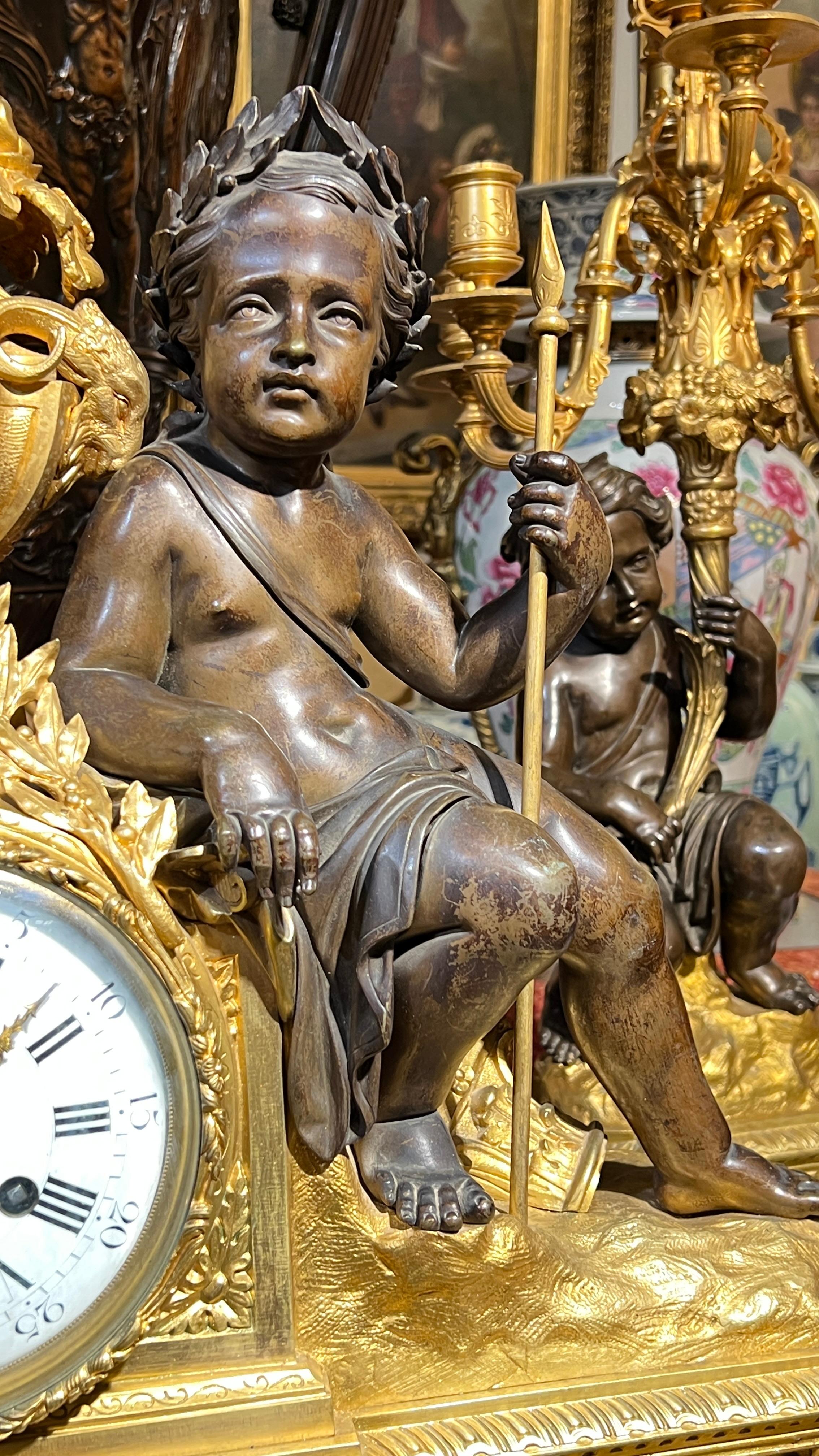 19th Century French Ormolu Bronze Mantel Clock and Candelabra Garniture For Sale 7