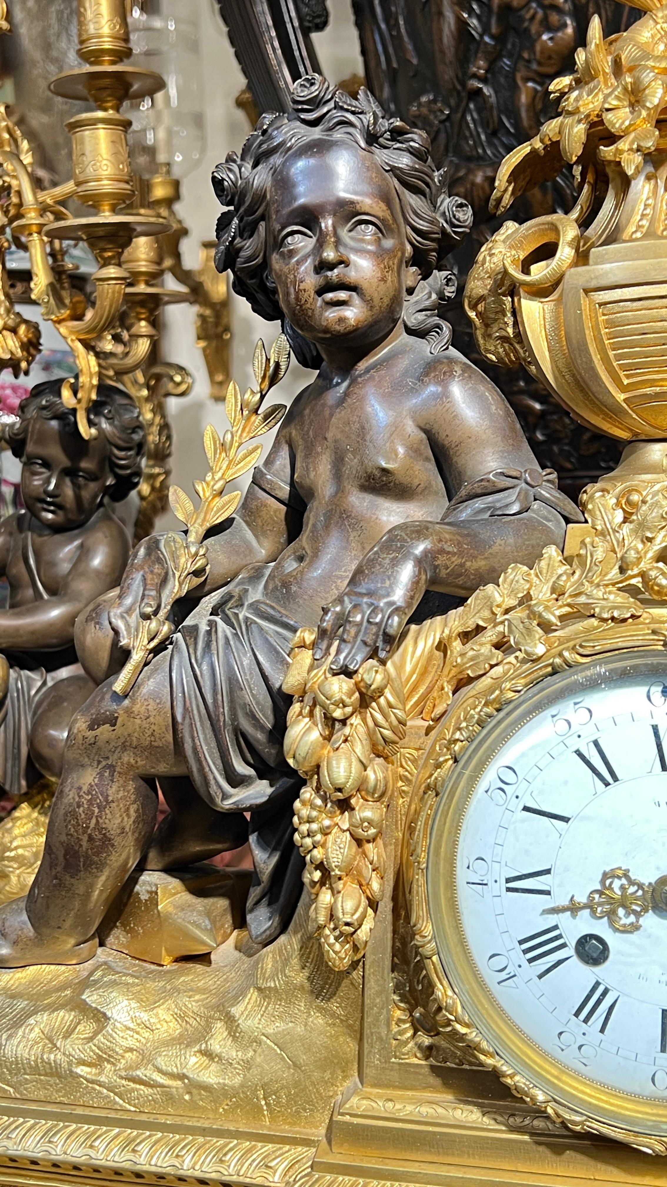 19th Century French Ormolu Bronze Mantel Clock and Candelabra Garniture For Sale 8