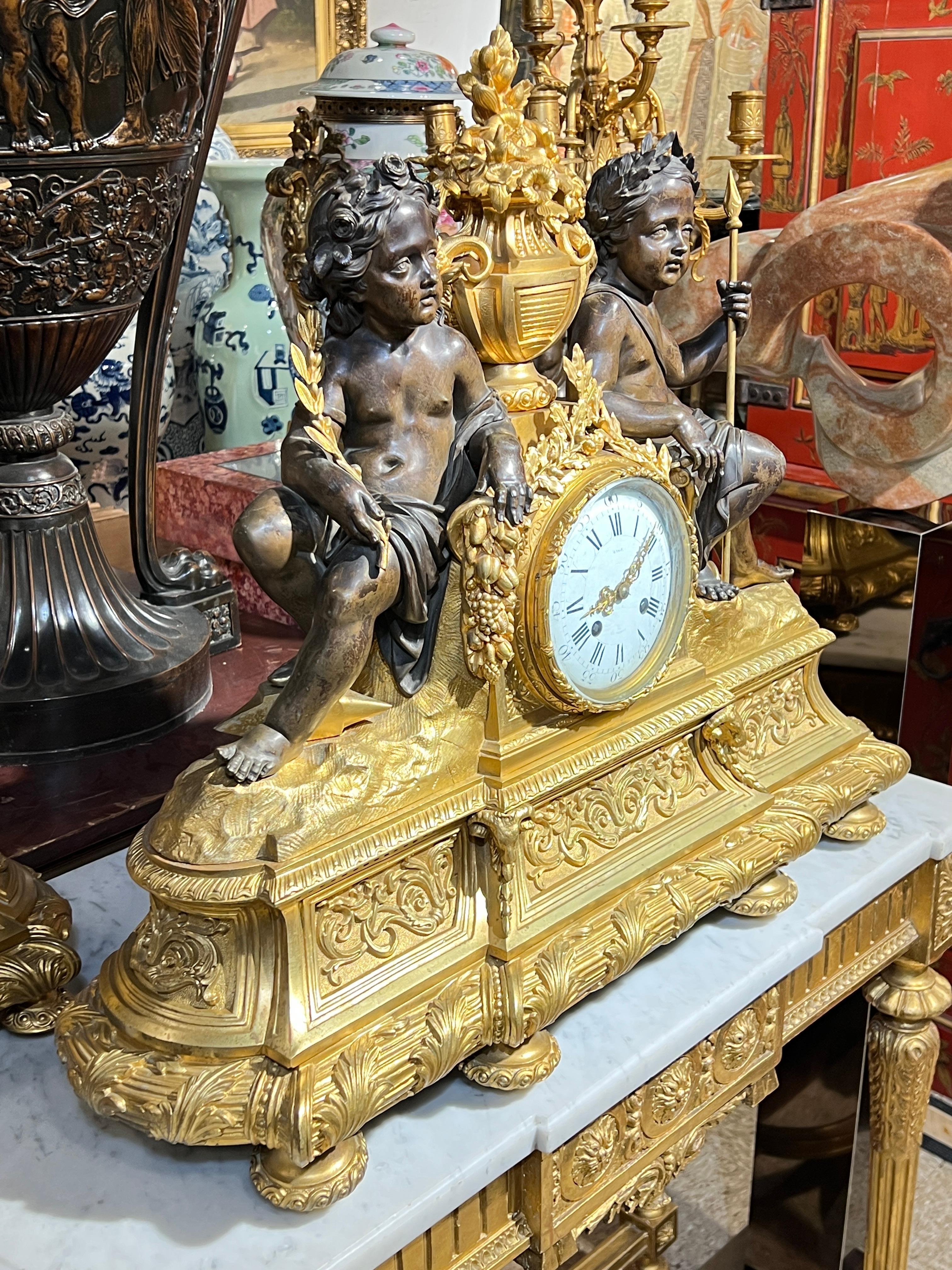 Gilt 19th Century French Ormolu Bronze Mantel Clock and Candelabra Garniture For Sale