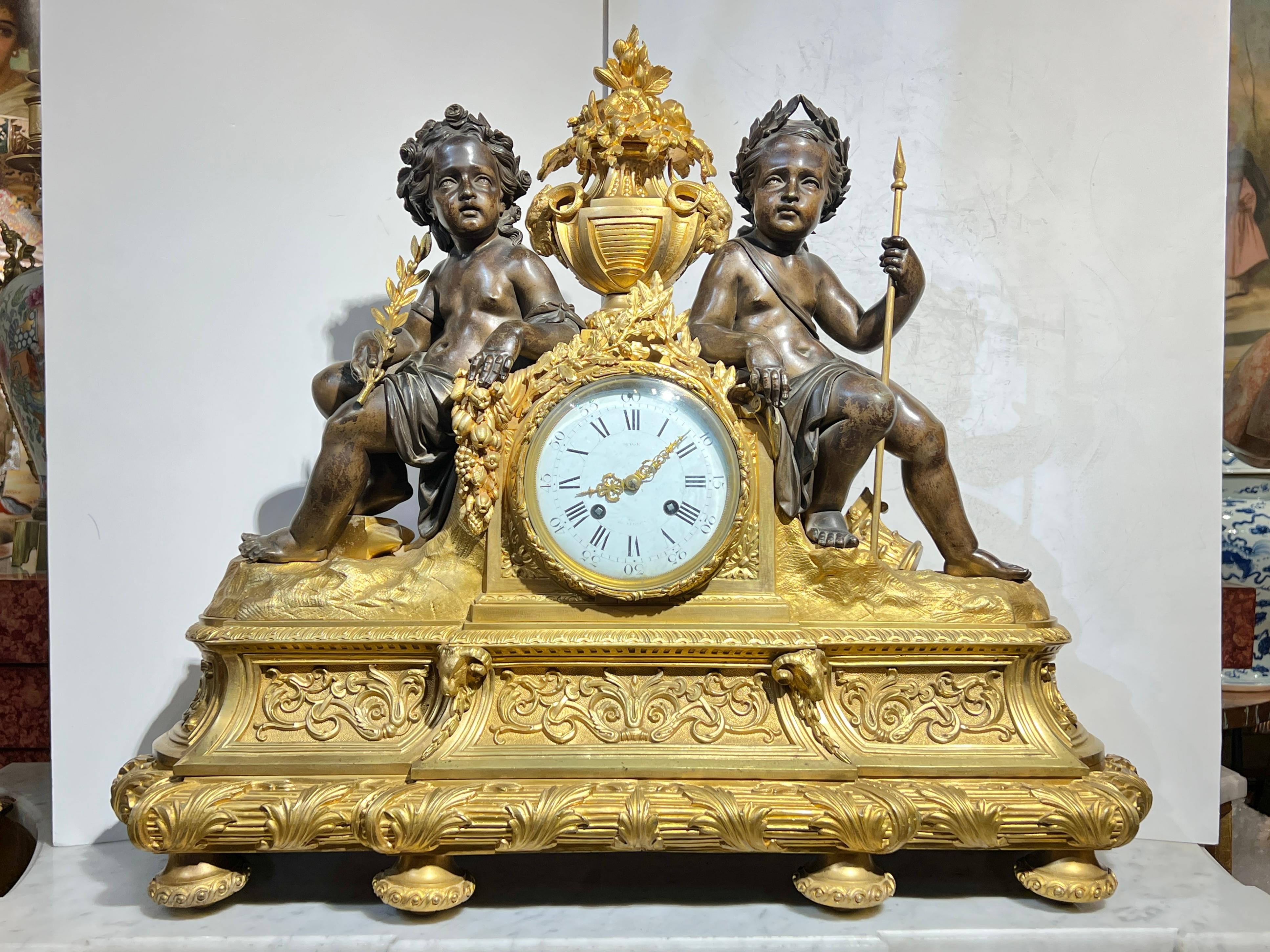 19th Century French Ormolu Bronze Mantel Clock and Candelabra Garniture In Good Condition For Sale In New York, NY