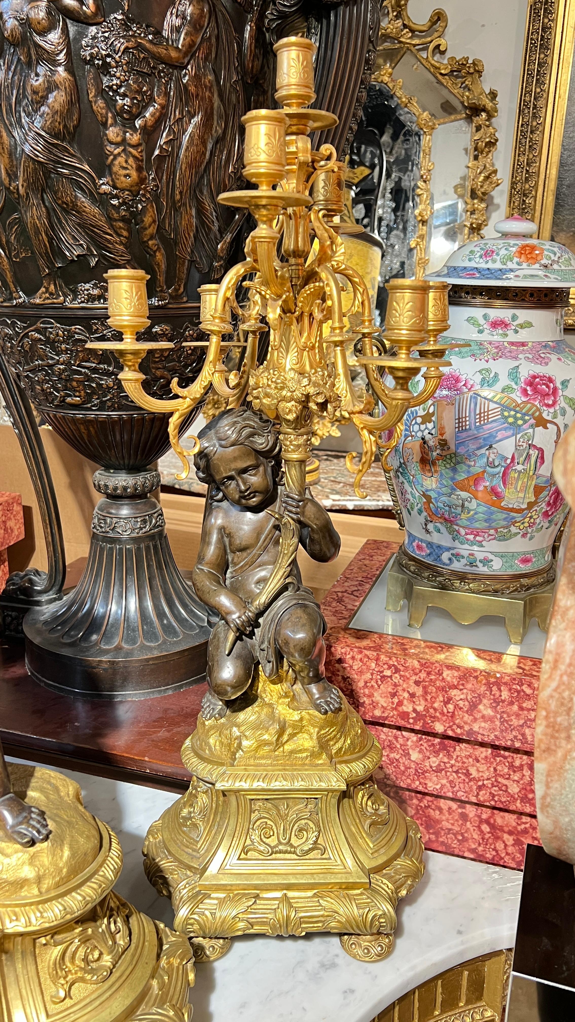 19th Century French Ormolu Bronze Mantel Clock and Candelabra Garniture For Sale 1