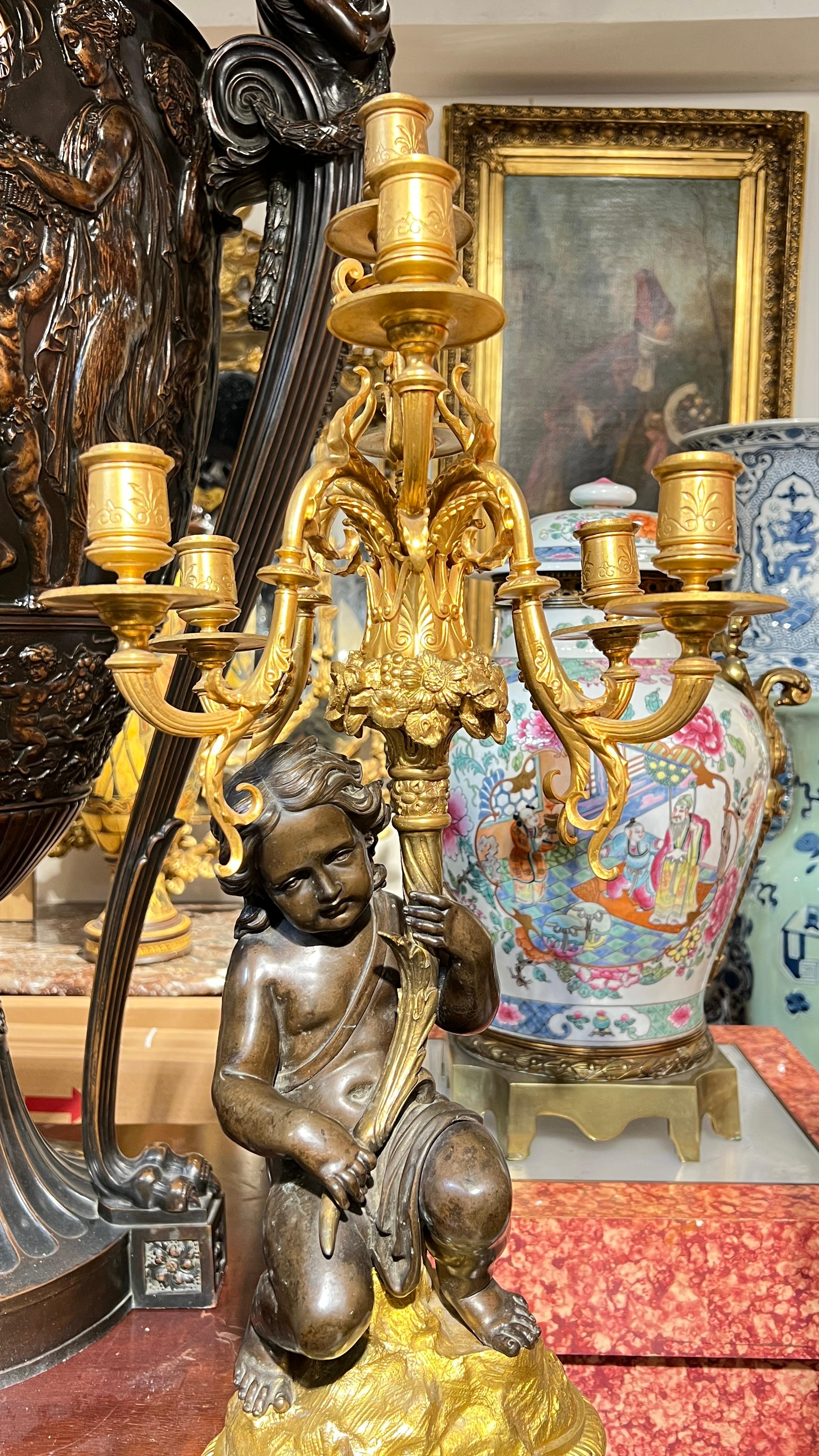 19th Century French Ormolu Bronze Mantel Clock and Candelabra Garniture For Sale 2