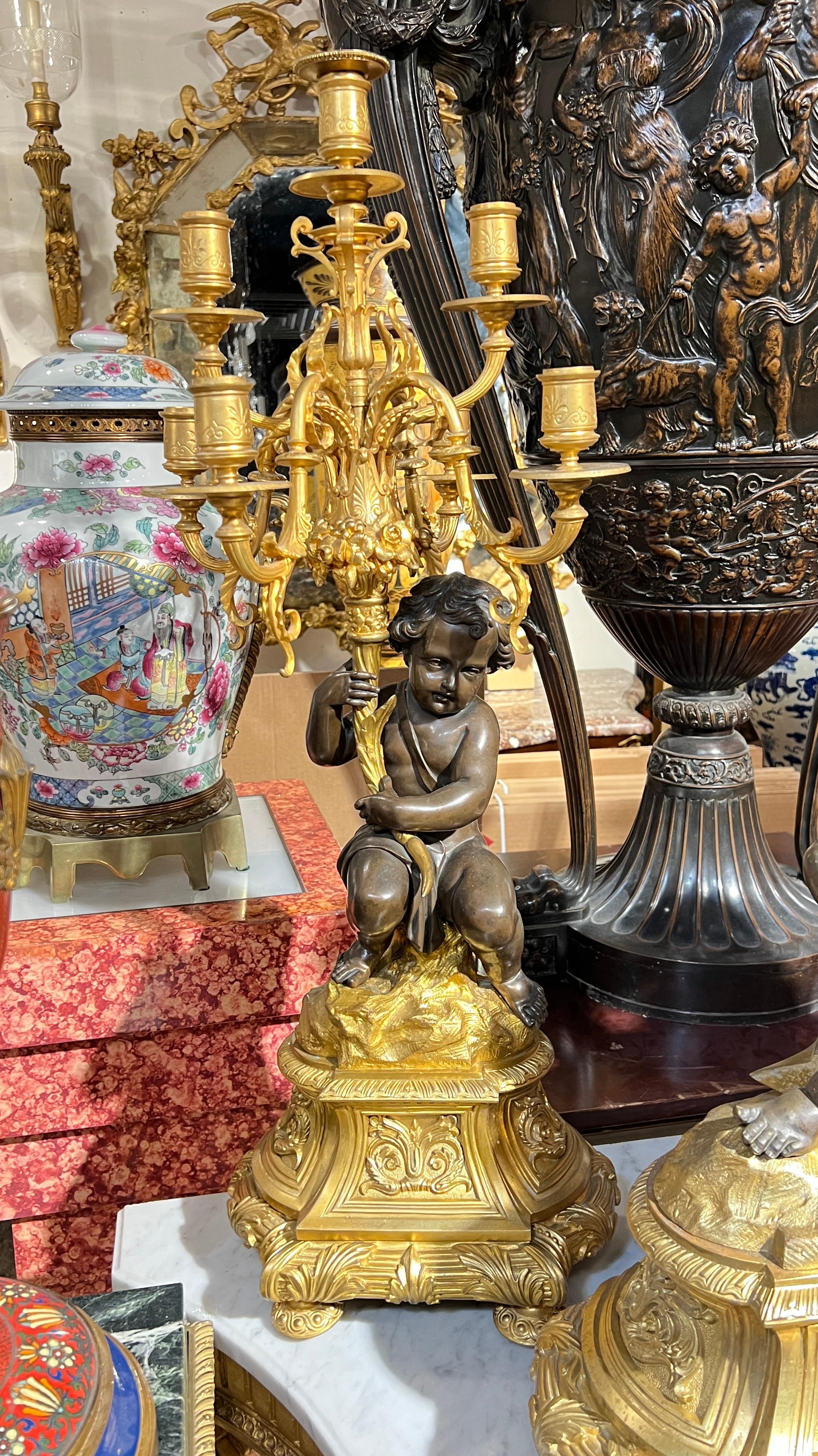 19th Century French Ormolu Bronze Mantel Clock and Candelabra Garniture For Sale 4
