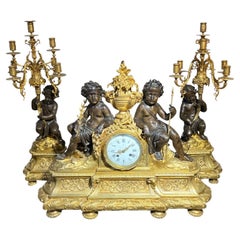 19th Century French Ormolu Bronze Mantel Clock and Candelabra Garniture