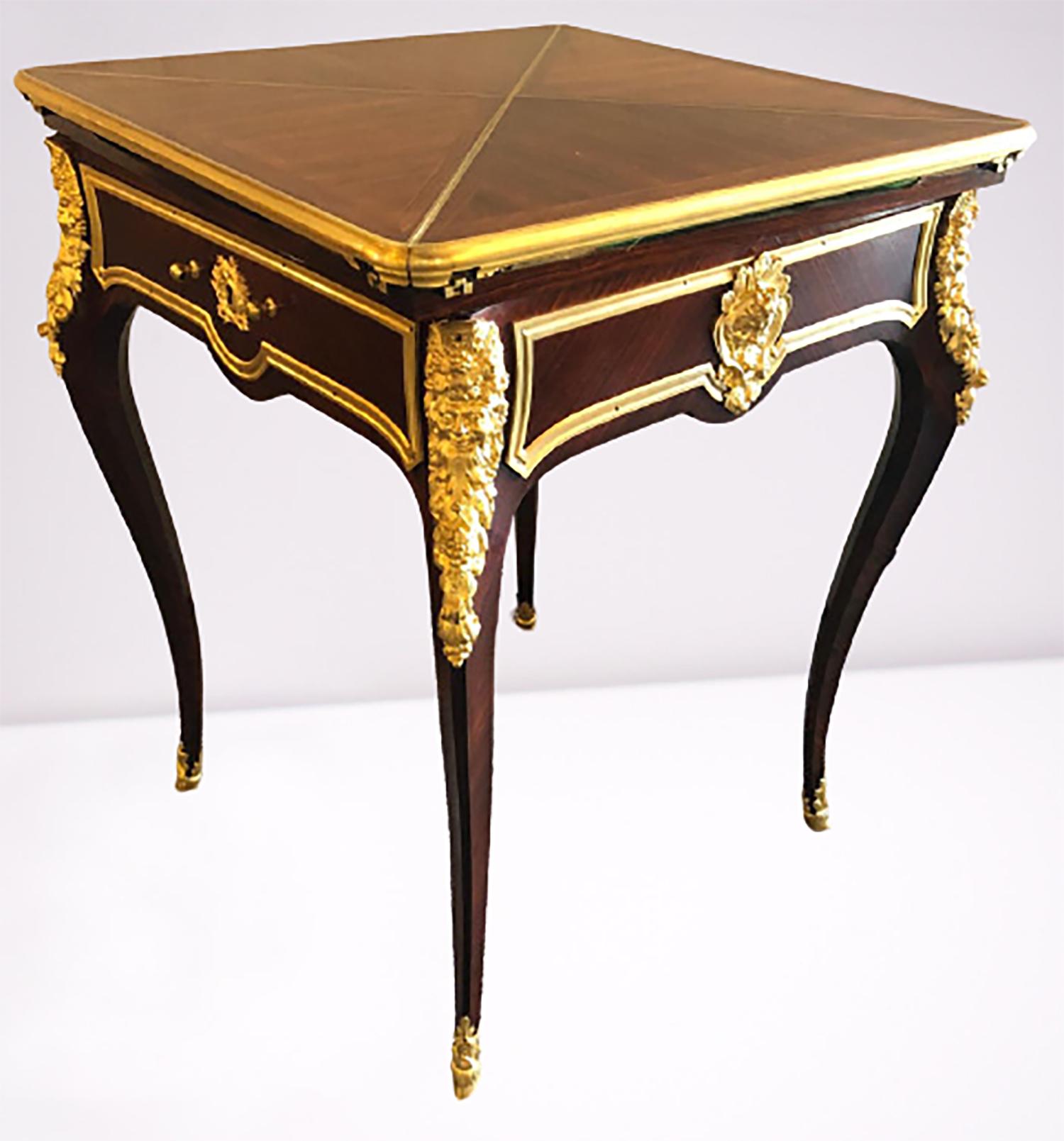 A fine french ormolu-mounted kingwood envelope card table by Paul Sormani. Late 19th century. The revolving fold out top enclosing a gilt tooled baize lined interior above a frieze drawer with a lock stamped Made by P Sormani Pairs, For Geo A