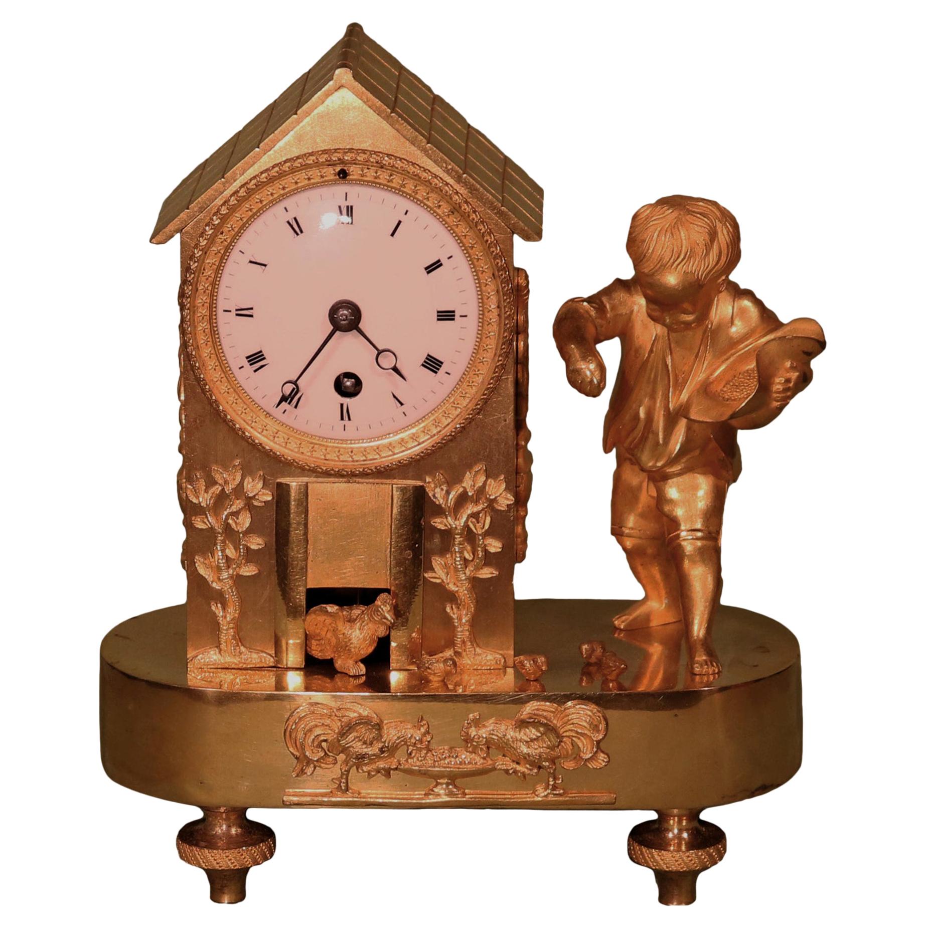 19th Century French Ormolu Mantel Hen House Clock For Sale