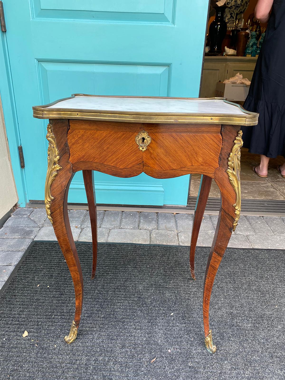 19th century French Ormolu mounted marble top side table, 1 drawer, 1 key, fine quality.