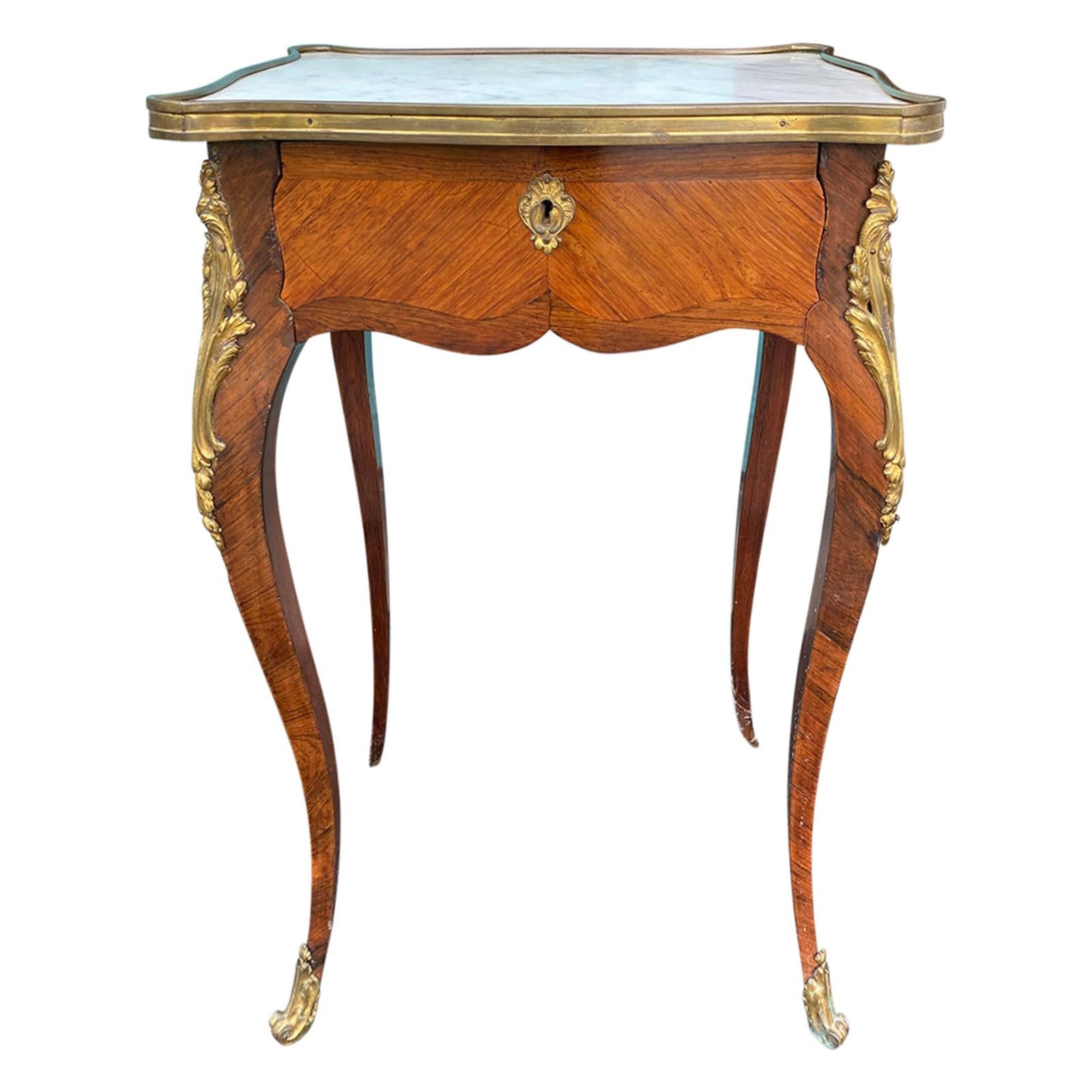 19th Century French Ormolu Mounted Marble Top Side Table, 1 Drawer For Sale