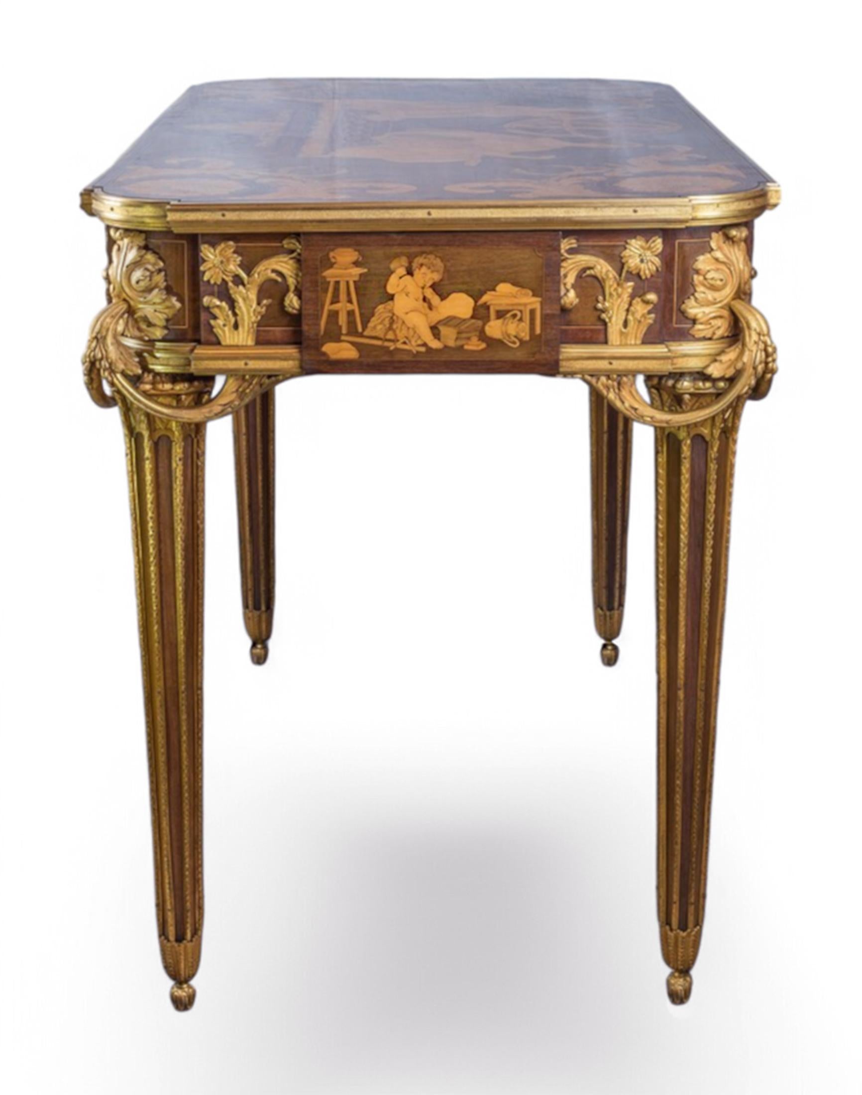 Mesa central francesa del siglo XIX de marquetería montada en ormolu Att. Alfred Beurdeley Madera frutal en venta