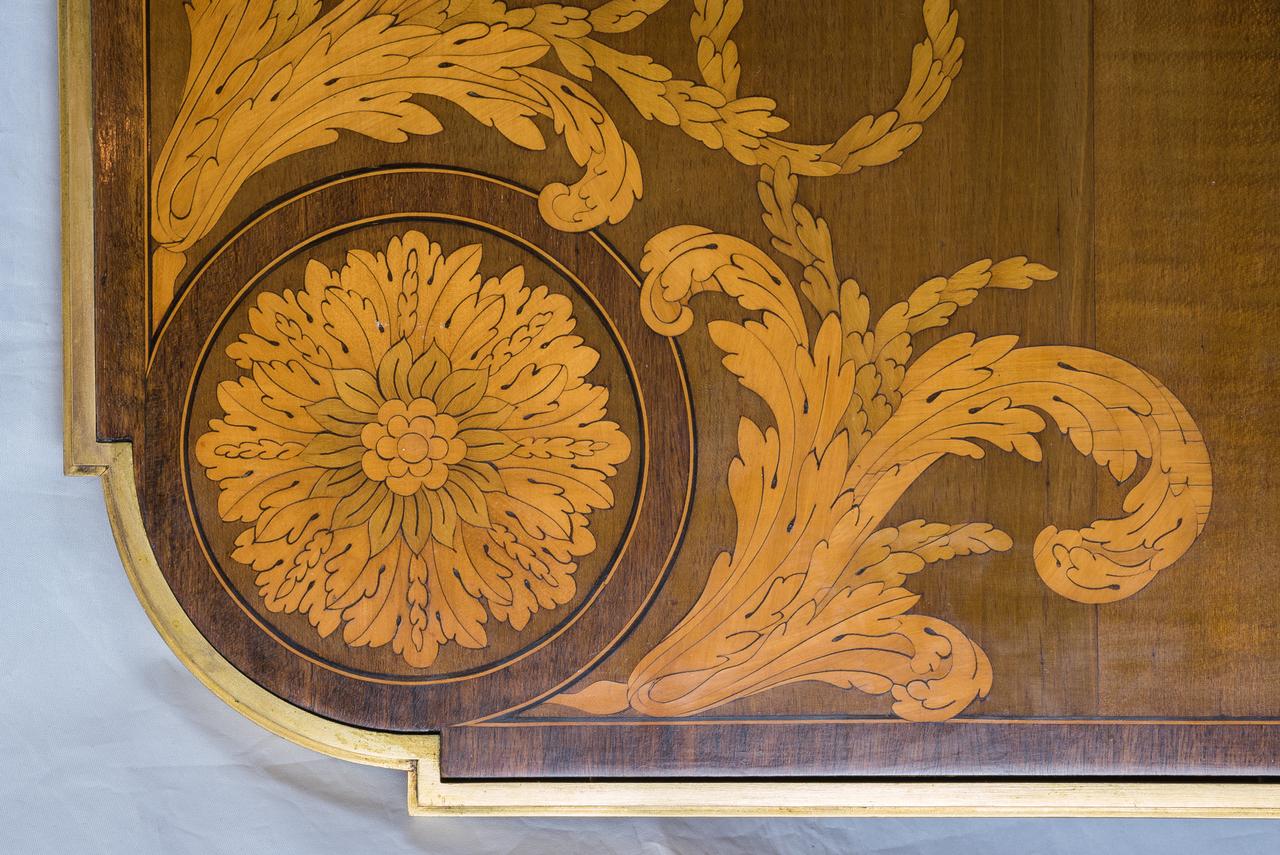 Fruitwood 19th Century French Ormolu Mounted Marquetry Center Table by E. Khan & Cie. For Sale