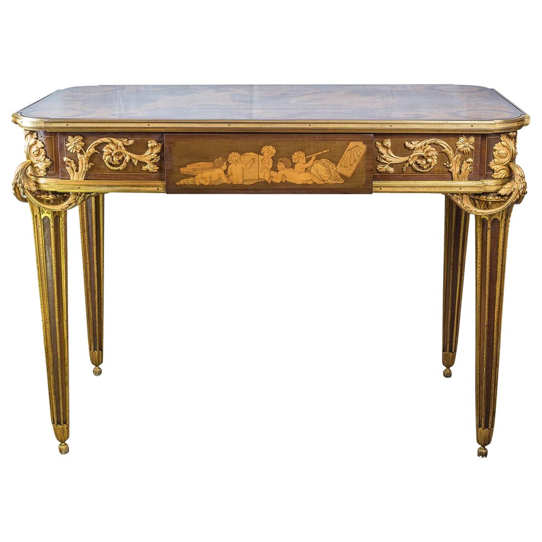 19th Century French Ormolu Mounted Marquetry Center Table by E. Khan & Cie. For Sale
