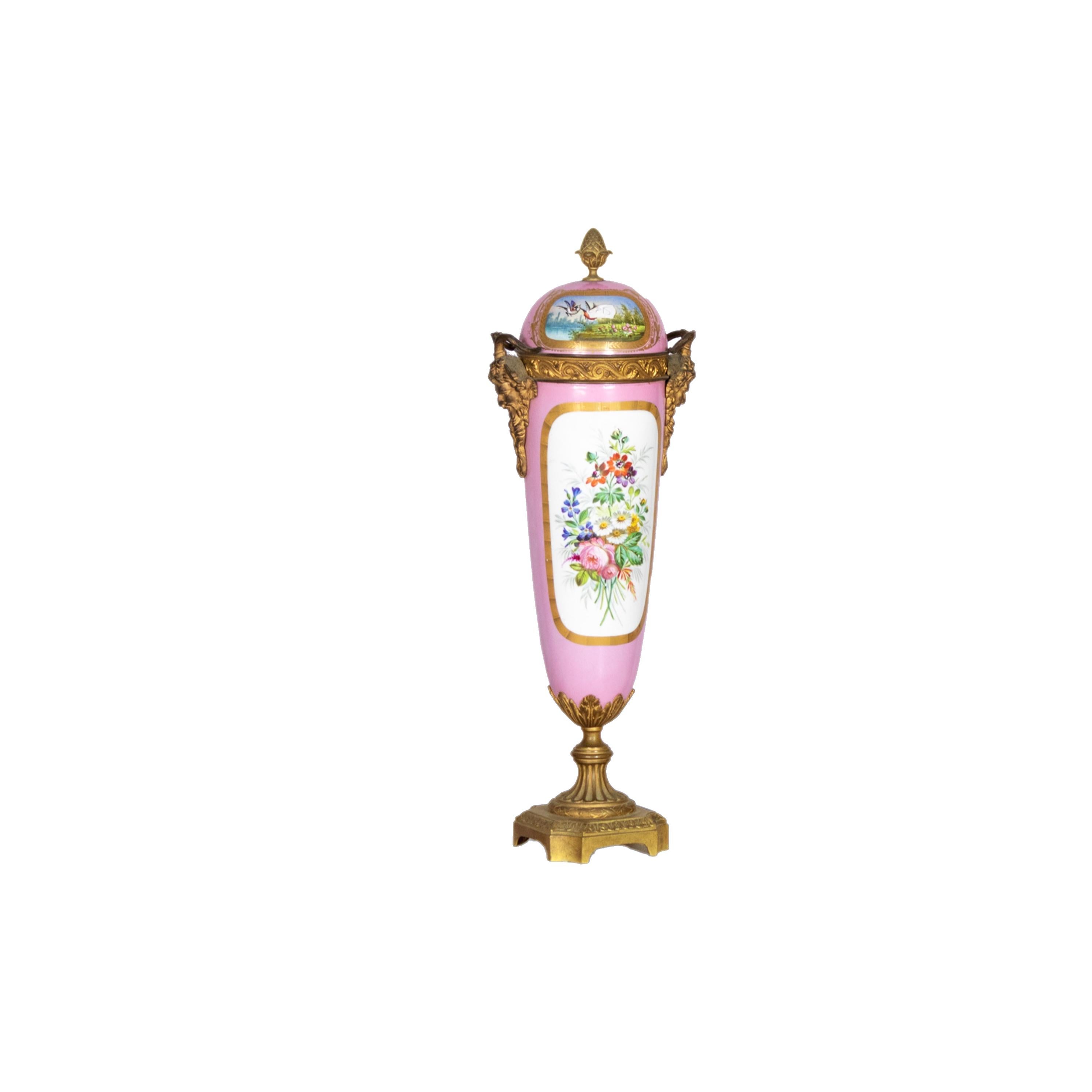 Rococo 19th Century French Ormolu Mounted Pink Sevres Lidded Vase   For Sale