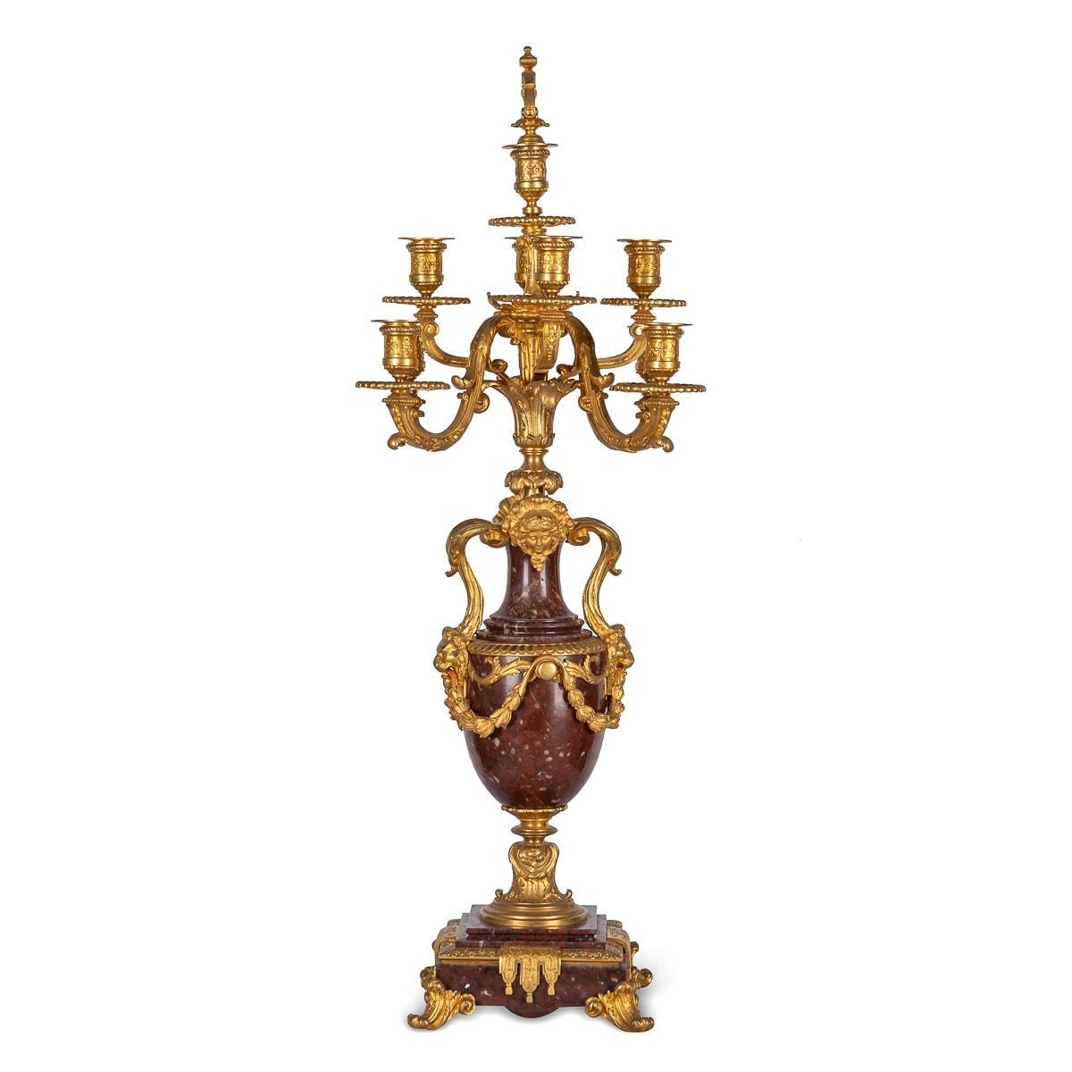 19th Century French Ormolu-Mounted Rouge Griotte Nine-Light Candelabra, c.1870 For Sale 1