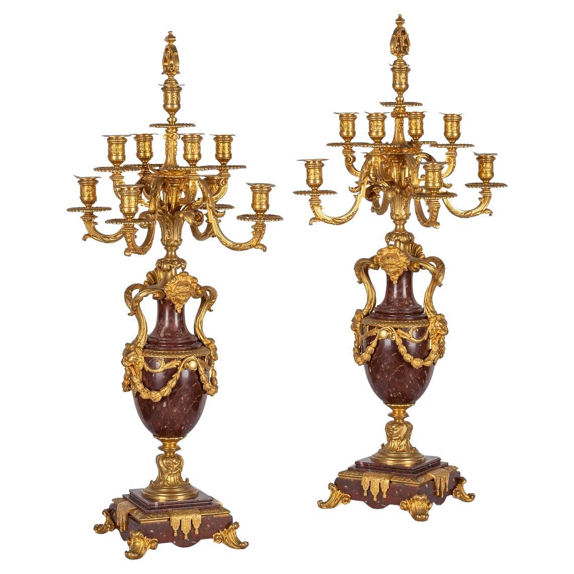 19th Century French Ormolu-Mounted Rouge Griotte Nine-Light Candelabra, c.1870 For Sale