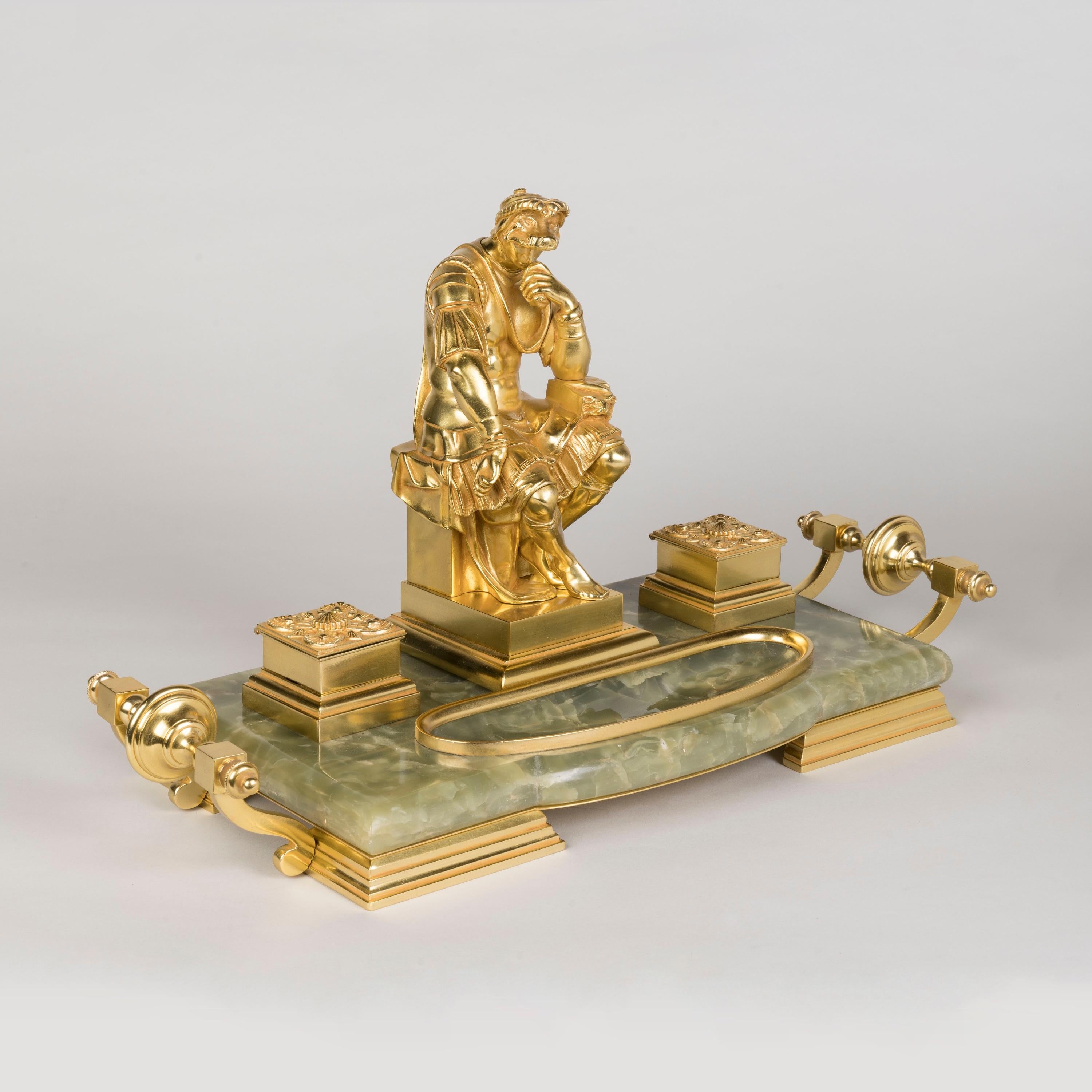 Renaissance Revival 19th Century French Ormolu & Onyx Inkwell with Michelangelo's Lorenzo de Medici For Sale