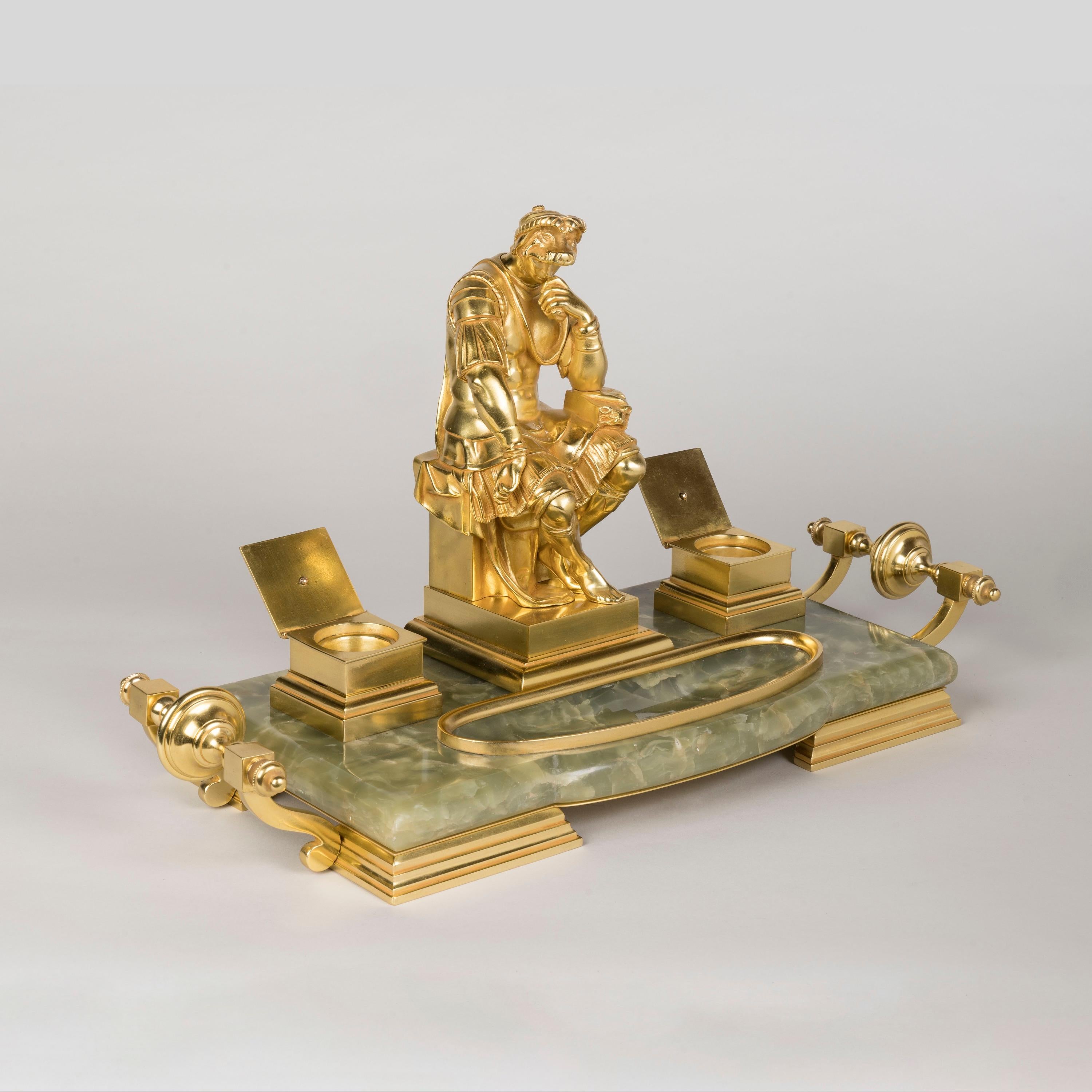 19th Century French Ormolu & Onyx Inkwell with Michelangelo's Lorenzo de Medici In Good Condition For Sale In London, GB