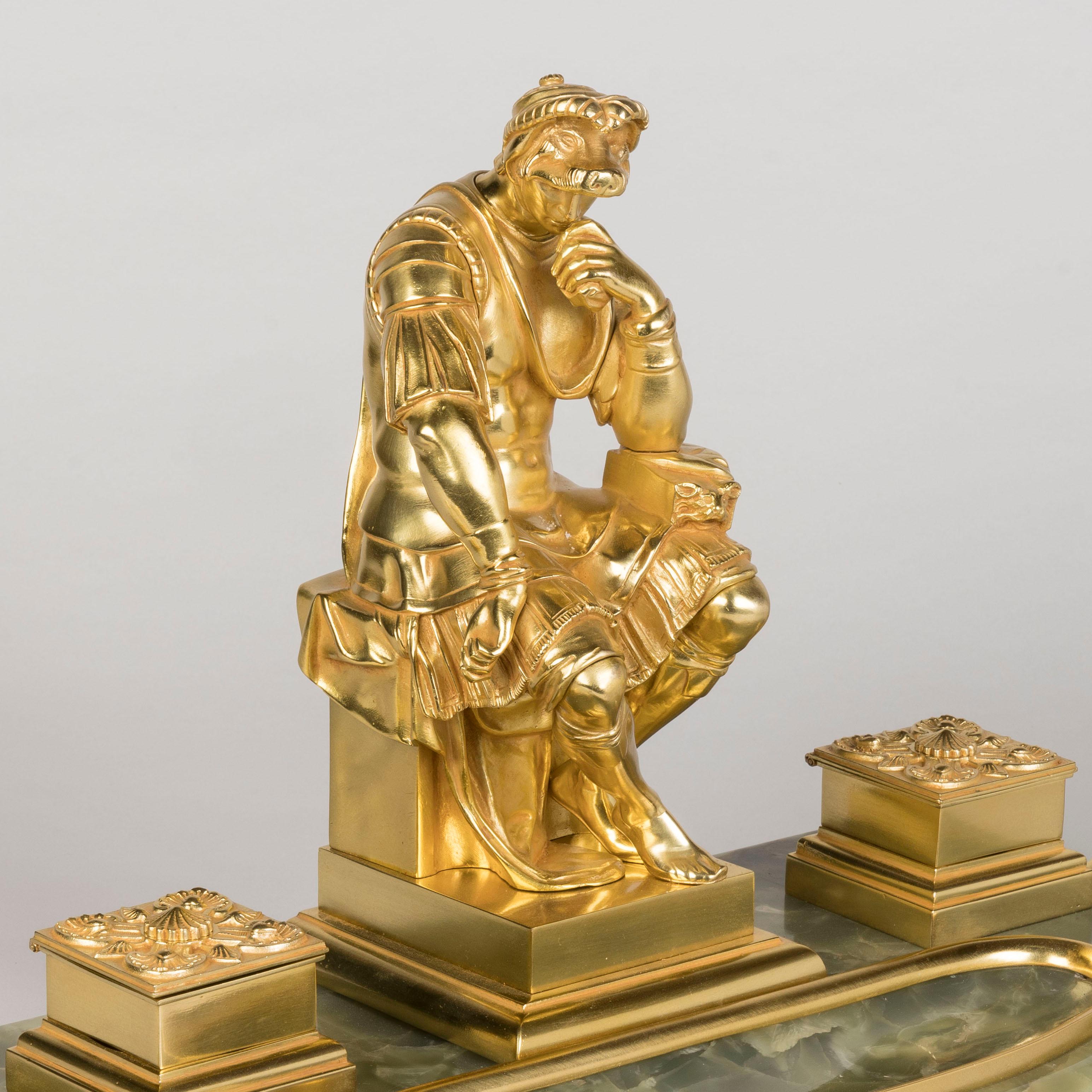 19th Century French Ormolu & Onyx Inkwell with Michelangelo's Lorenzo de Medici For Sale 1