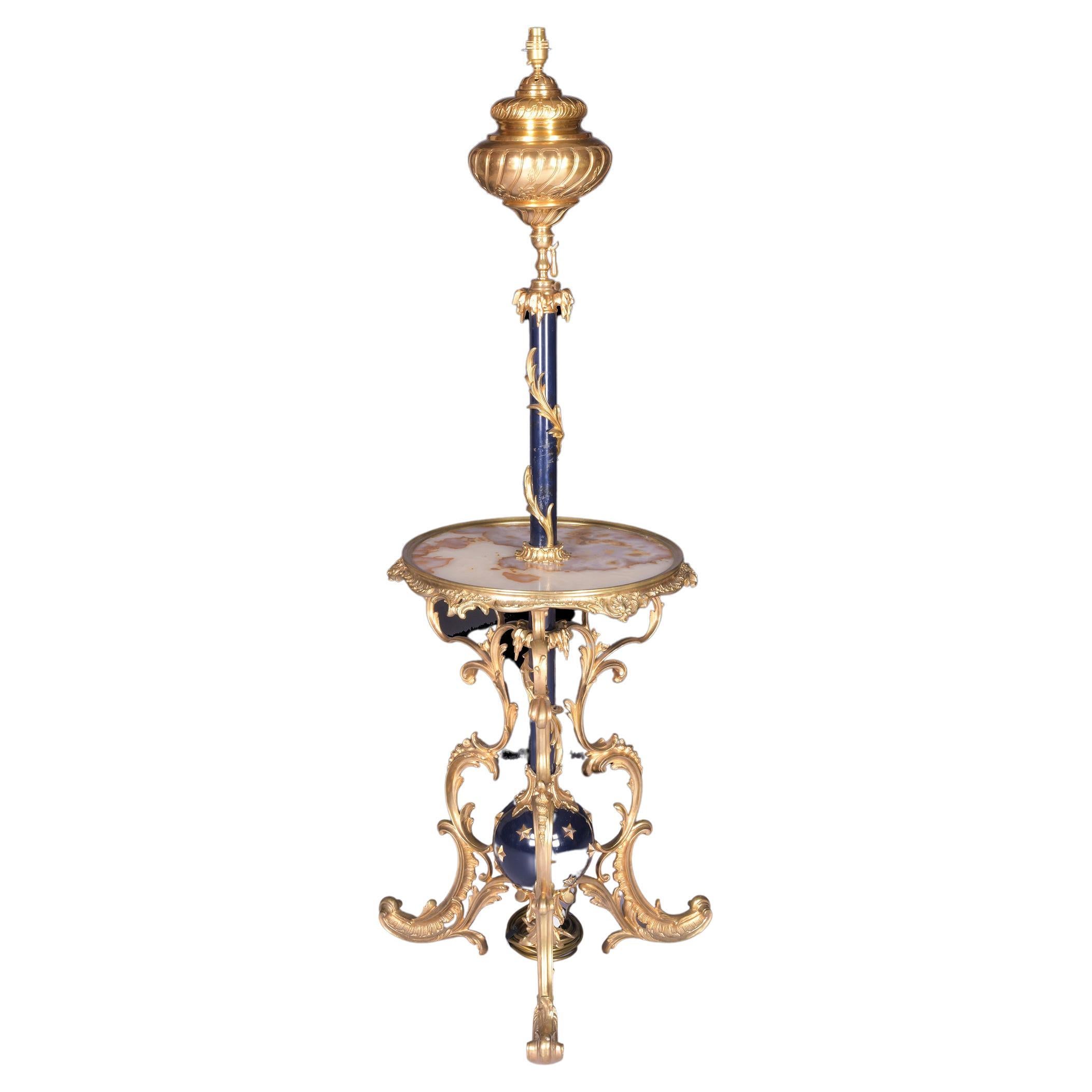 Lampe à pied télescopique française du 19ème siècle en bronze doré et onyx