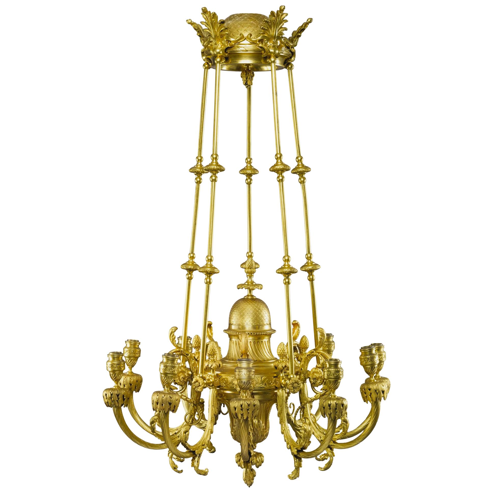 Lustre à dix lumières en bronze doré français du XIXe siècle de F. Barbedienne