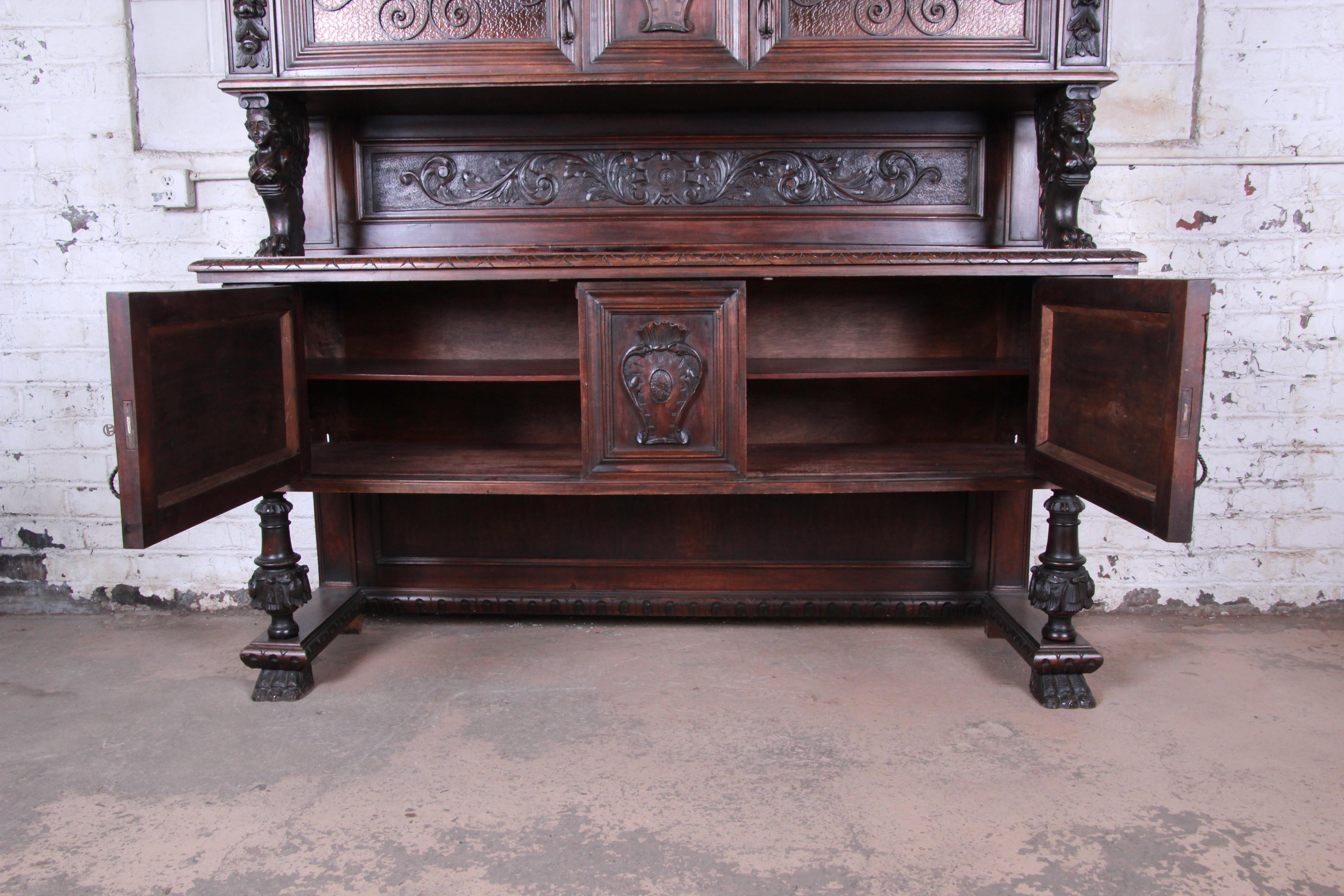 19th Century French Ornate Carved Walnut Black Forest Sideboard or Bar Cabinet In Good Condition In South Bend, IN