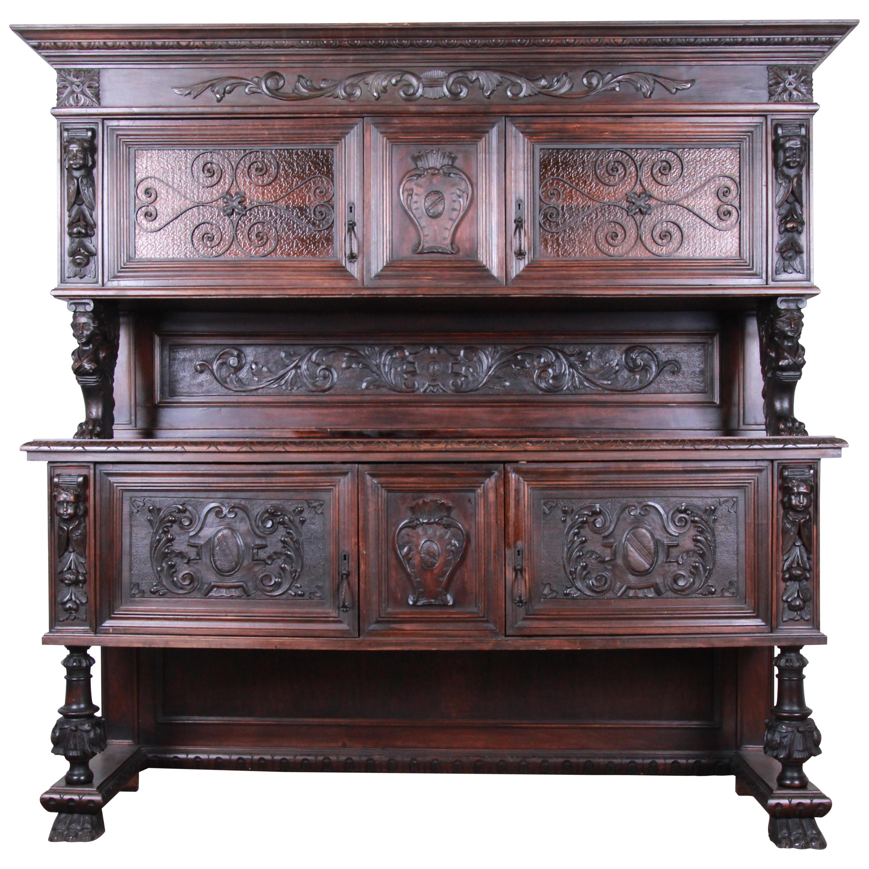 19th Century French Ornate Carved Walnut Black Forest Sideboard or Bar Cabinet