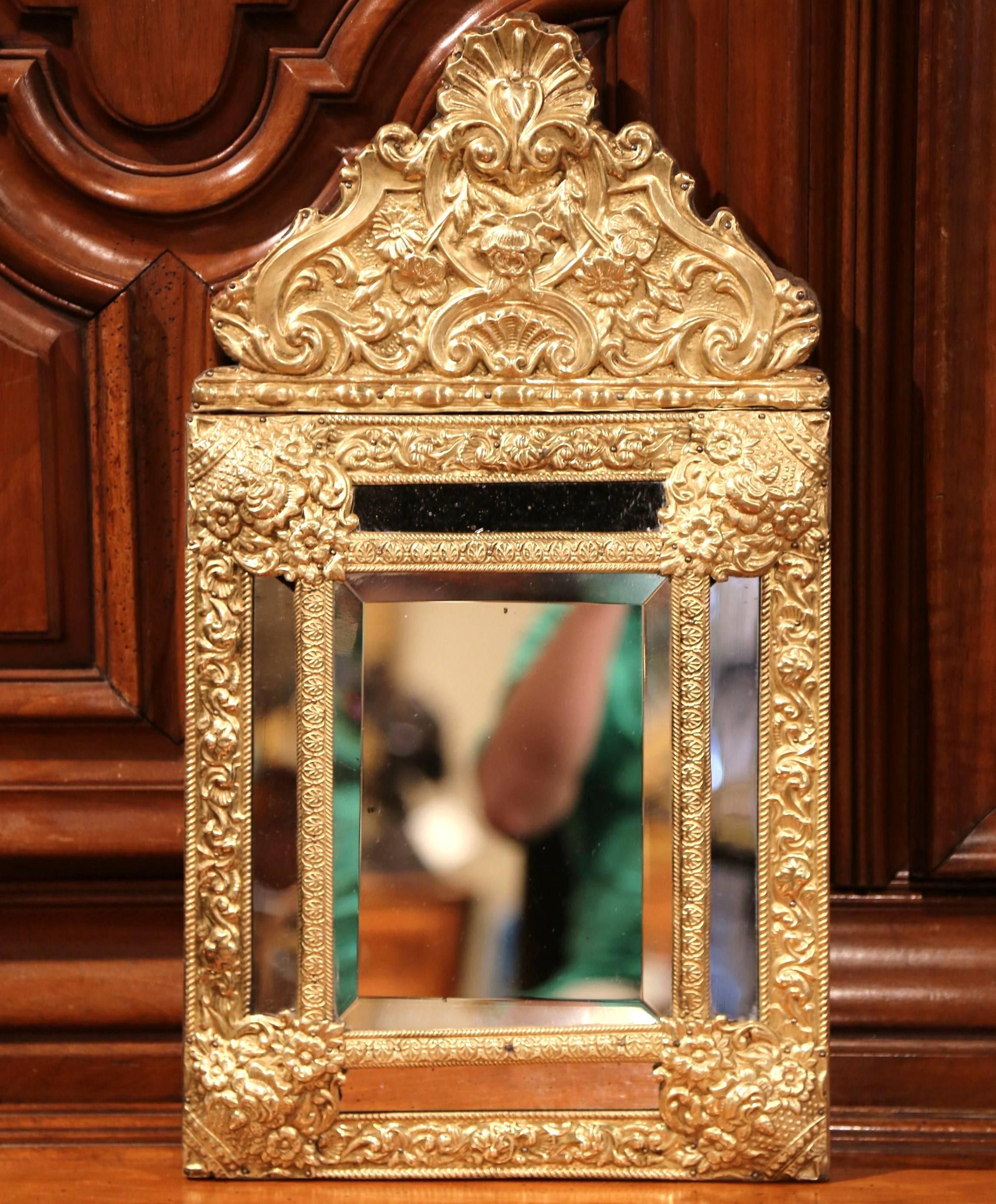 19th Century French Ornate Repousse Copper Parclose Wall Mirror In Excellent Condition In Dallas, TX